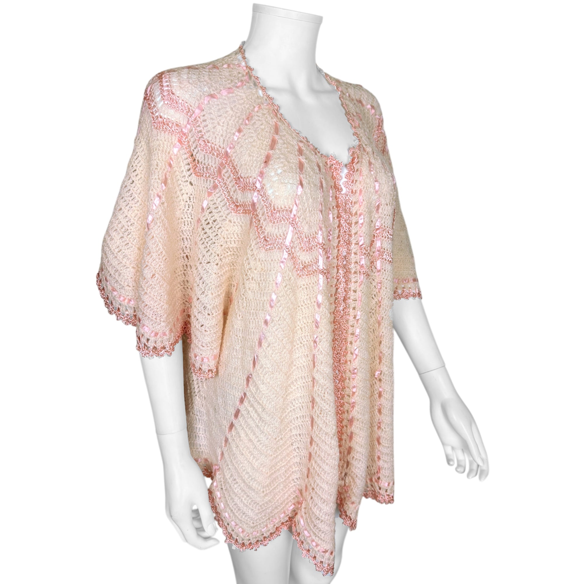 Vintage 1920s Bed Jacket Pink Knit with Satin Ribbon Trim Size L