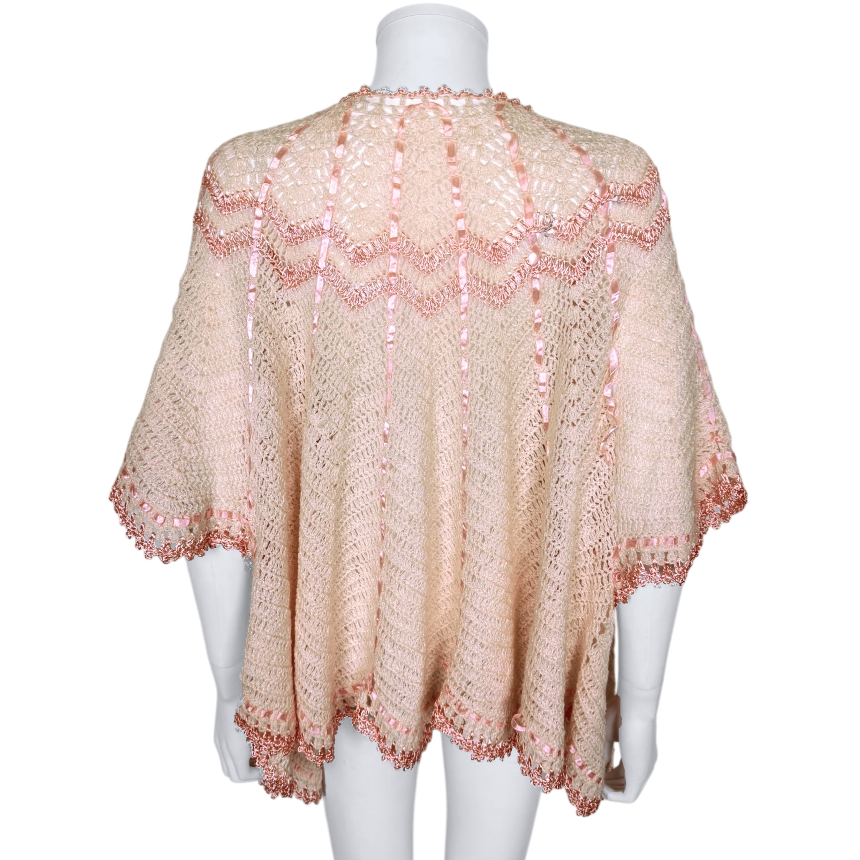 Vintage 1920s Bed Jacket Pink Crochet Wool with Satin Ribbon Trim