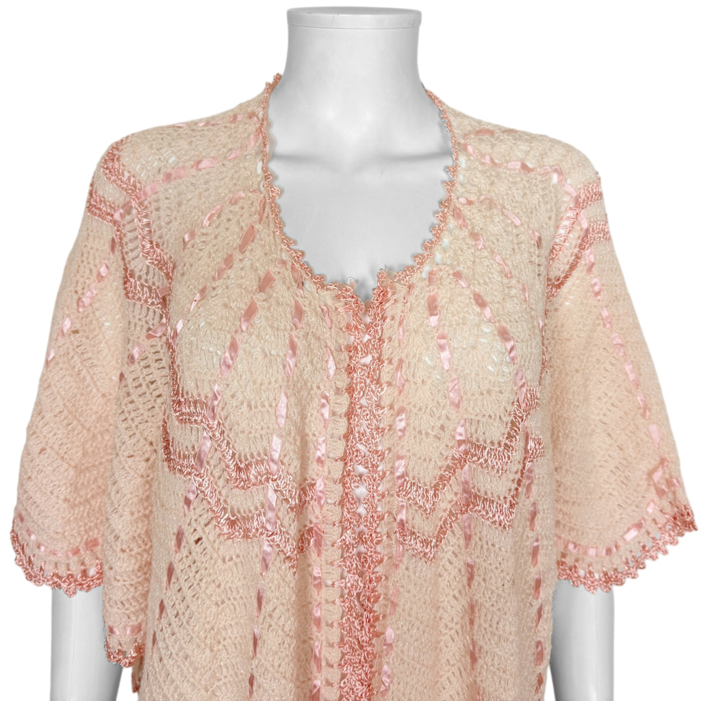 Vintage 1920s Bed Jacket Pink Knit with Satin Ribbon Trim Size L