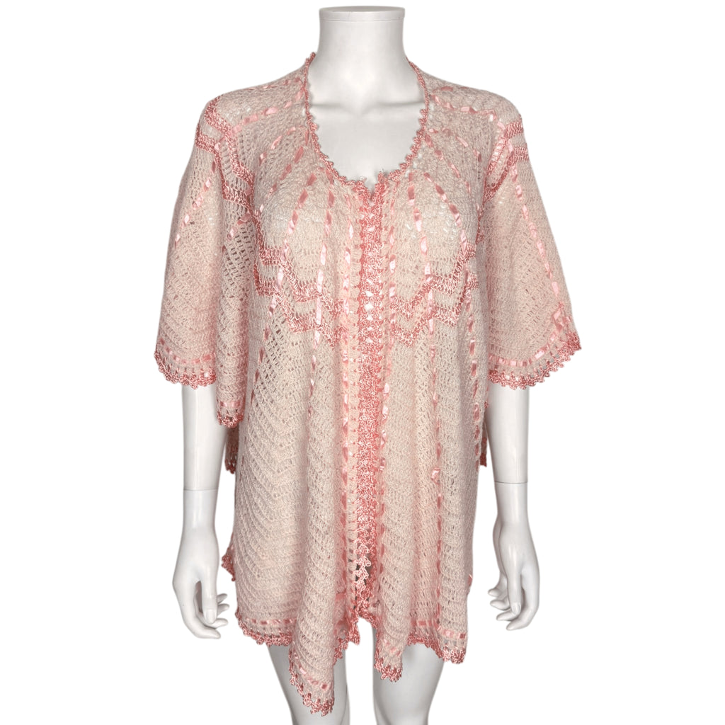 Vintage 1920s Bed Jacket Pink Knit with Satin Ribbon Trim Size L