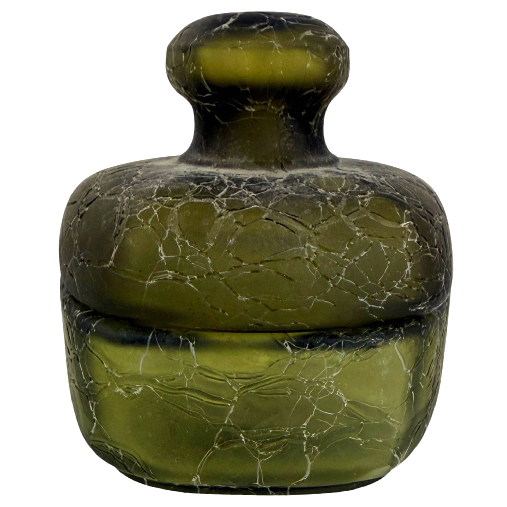 French Art Deco Green Craquelé Glass Vanity Jar by Marcel Franck