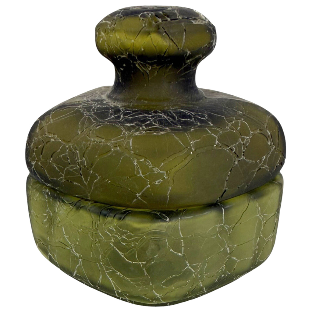 Marcel Franck French Art Deco Olive Green Craquelé Glass Vanity Jar with Lid c.1930s