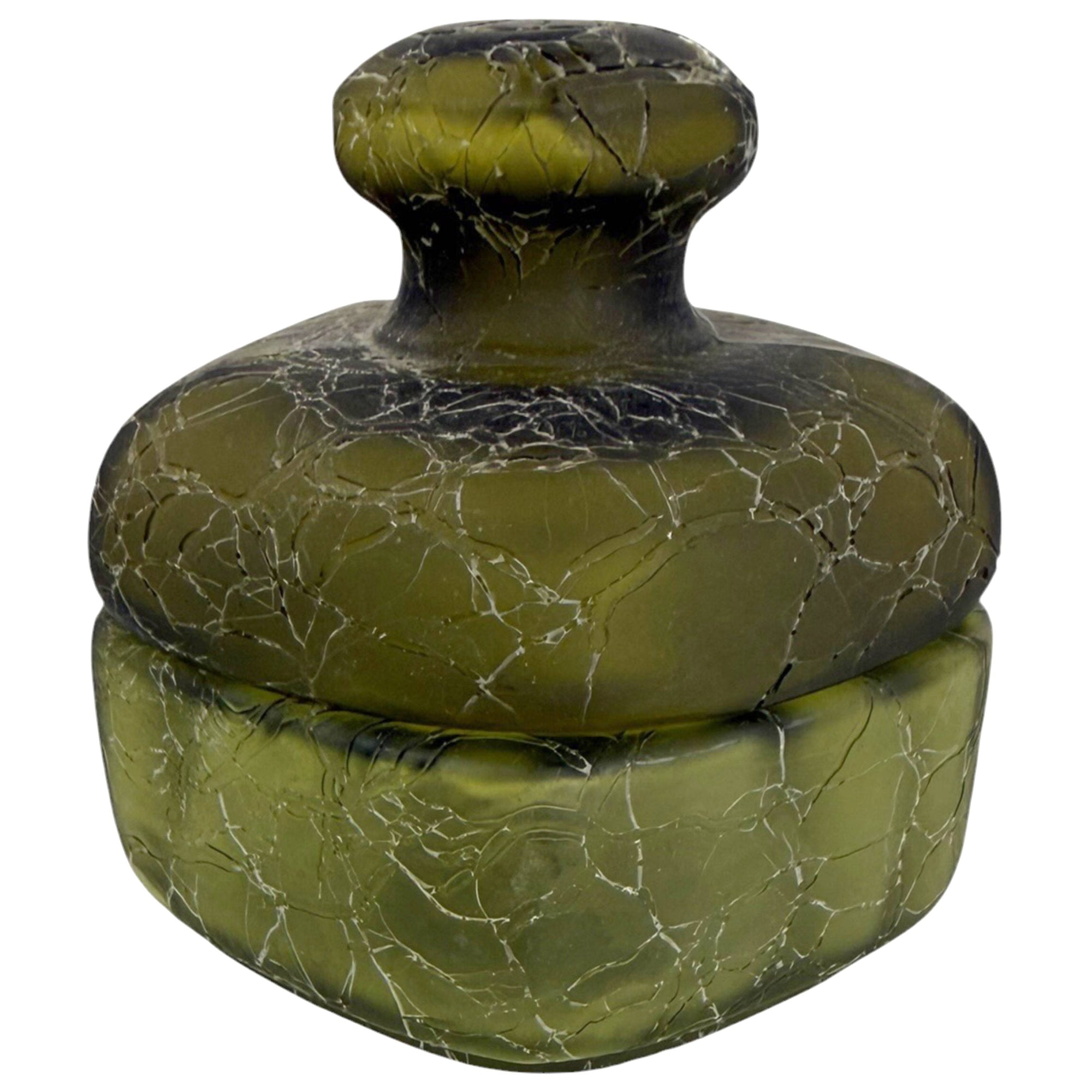 Marcel Franck French Art Deco Olive Green Craquelé Glass Vanity Jar with Lid c.1930s