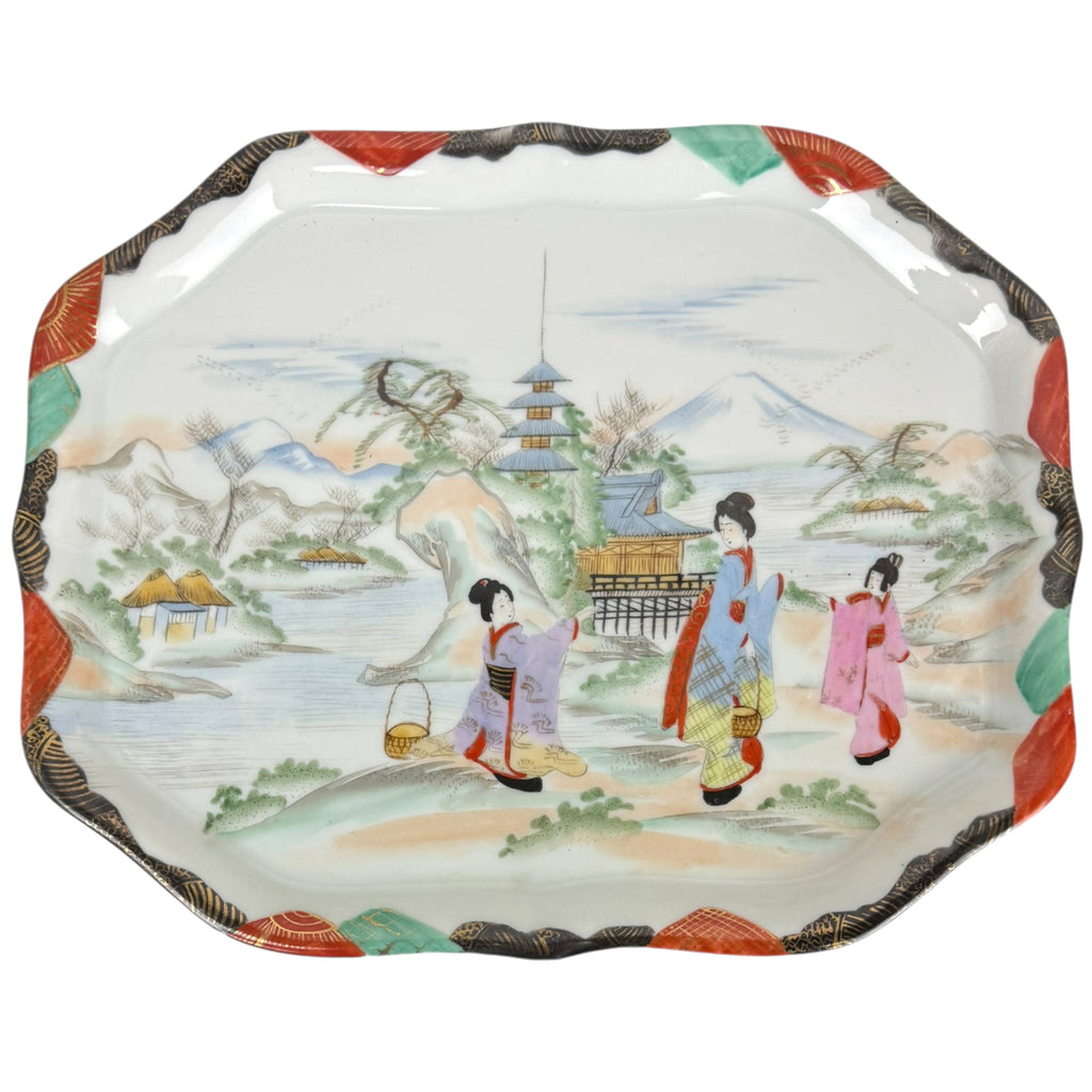 Antique Kutani porcelain tray Meiji period Japanese scenic bijin Mount Fuji