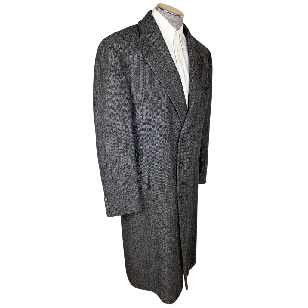 Three-quarter front view of vintage Canadian-made Cardinal Kynoch wool overcoat showing tailored silhouette