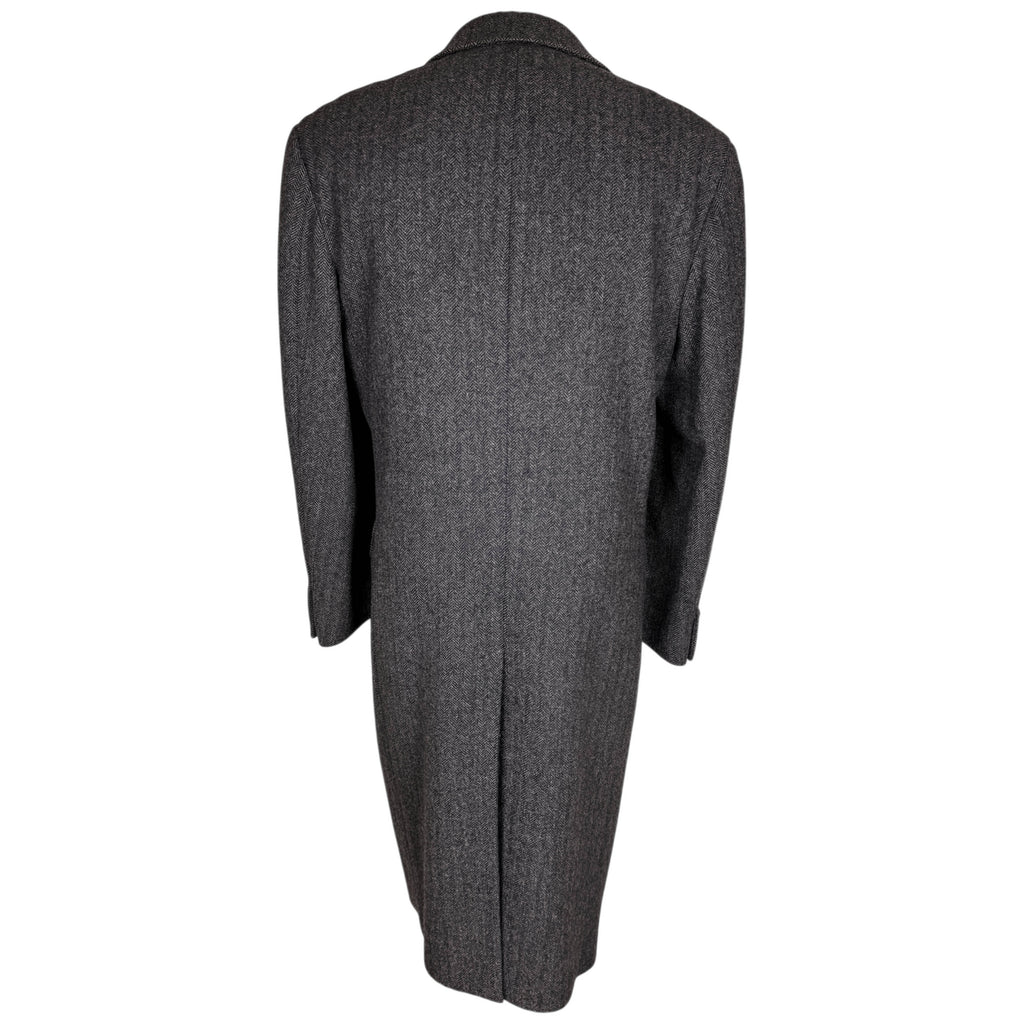 Full back view of vintage Cardinal charcoal grey herringbone wool overcoat with long centre vent