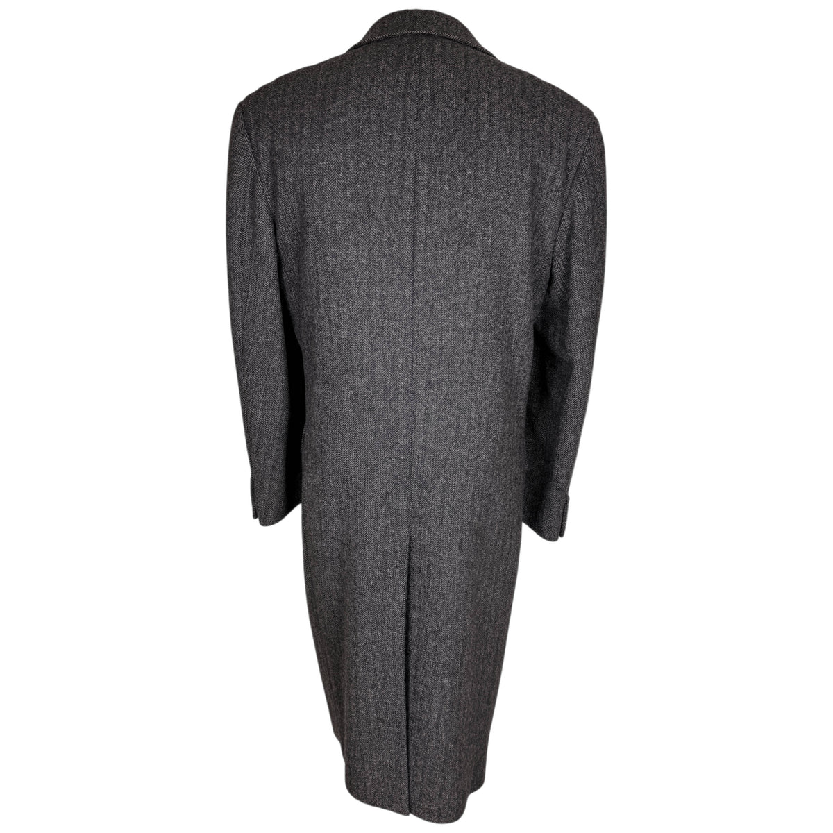 Full back view of vintage Cardinal charcoal grey herringbone wool overcoat with long centre vent