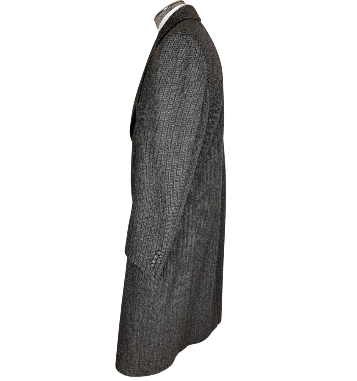 Side profile of vintage Cardinal men's wool overcoat showing long silhouette and four-button sleeve cuff