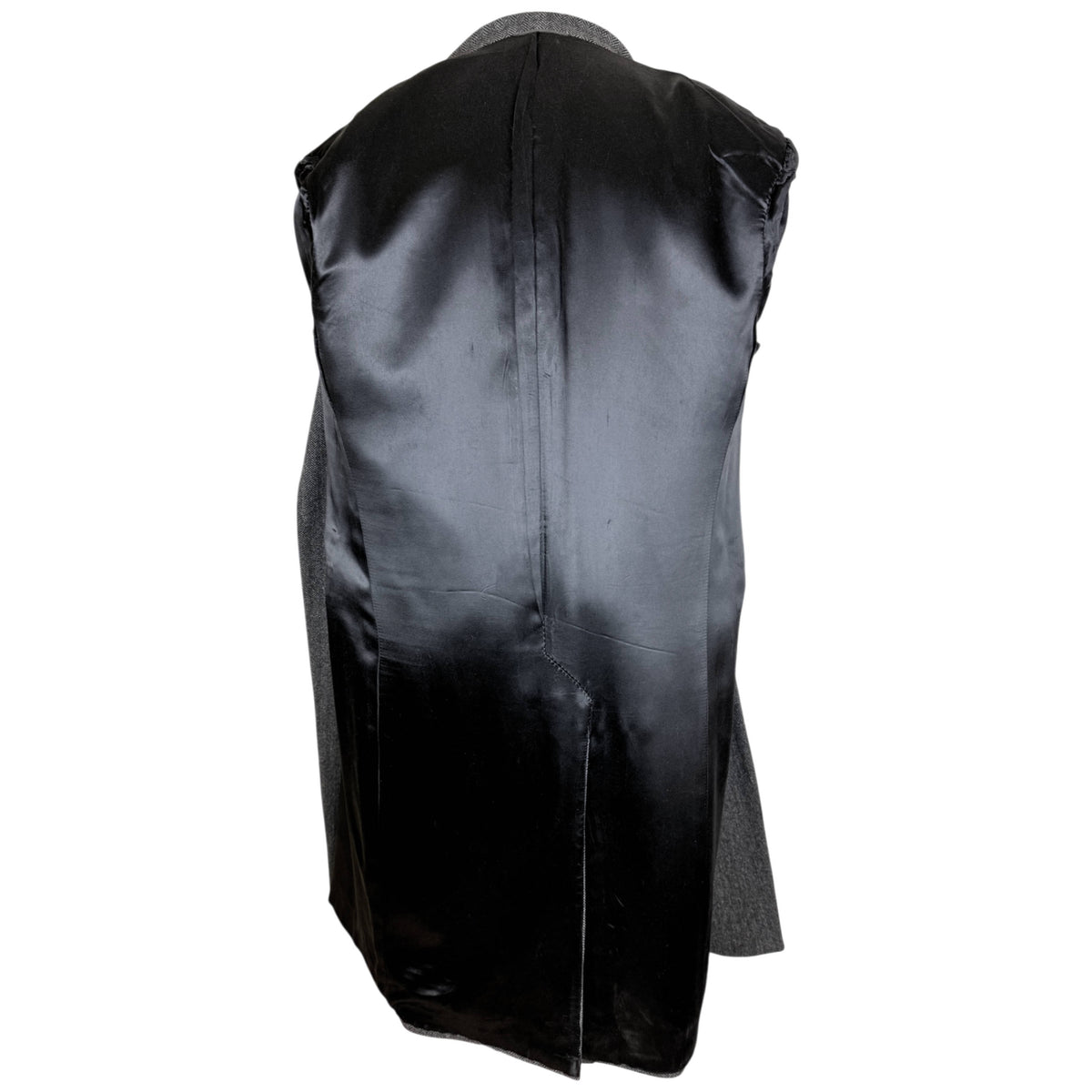 Interior back view of Cardinal men's overcoat showing smooth black acetate lining