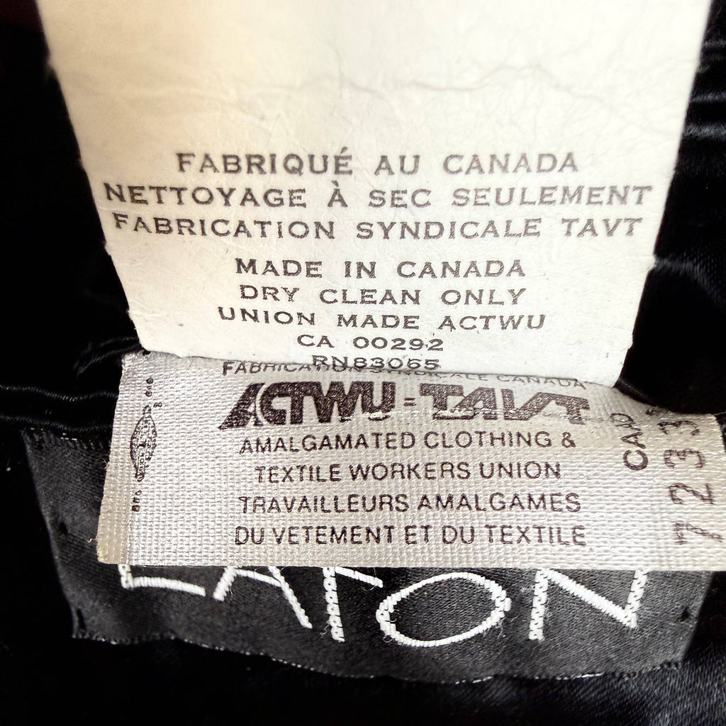 Made in Canada ACTWU TAVT union labels and CA 00292 identification on Cardinal wool overcoat