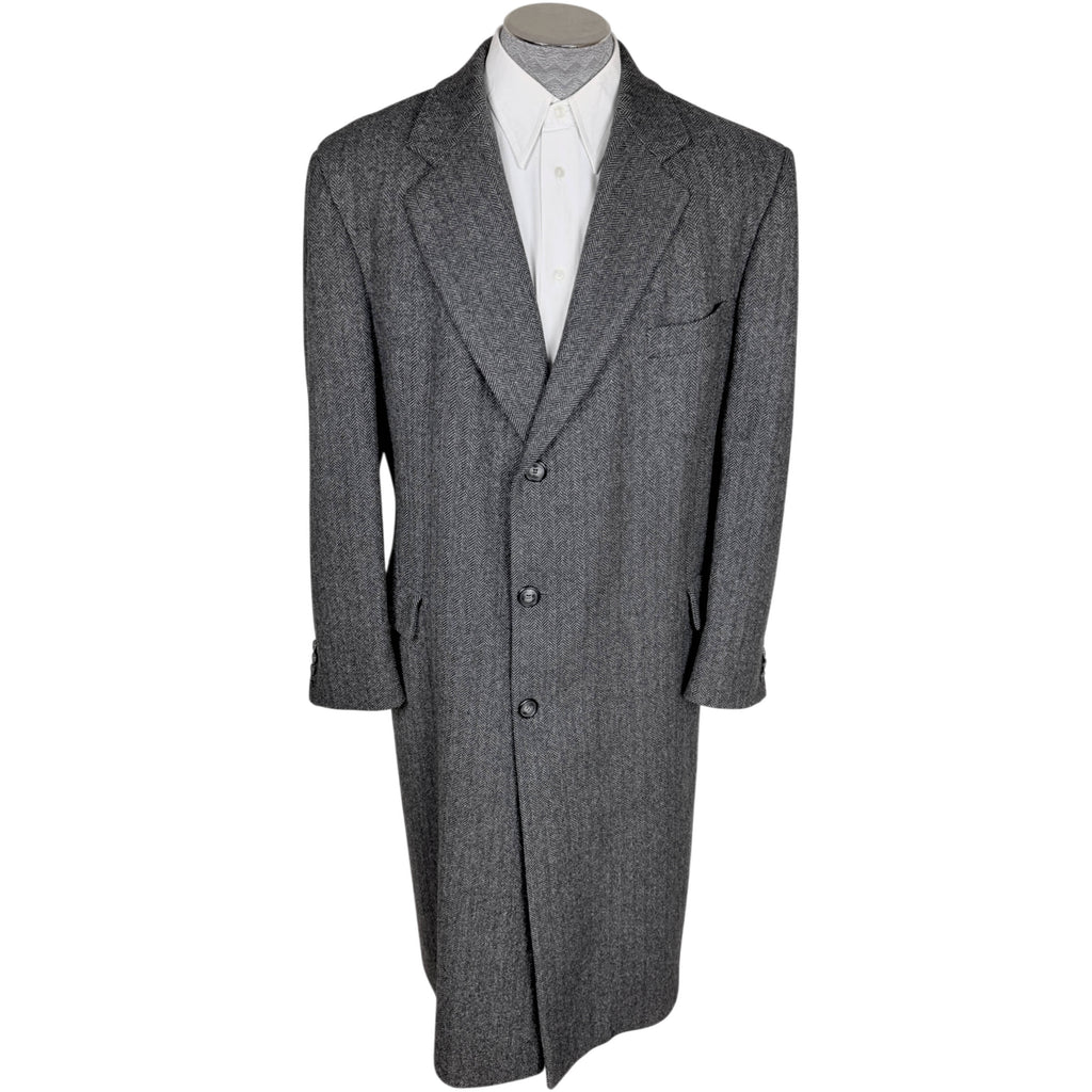 Vintage Cardinal men's charcoal grey Kynoch herringbone wool overcoat, size 44R, full front view