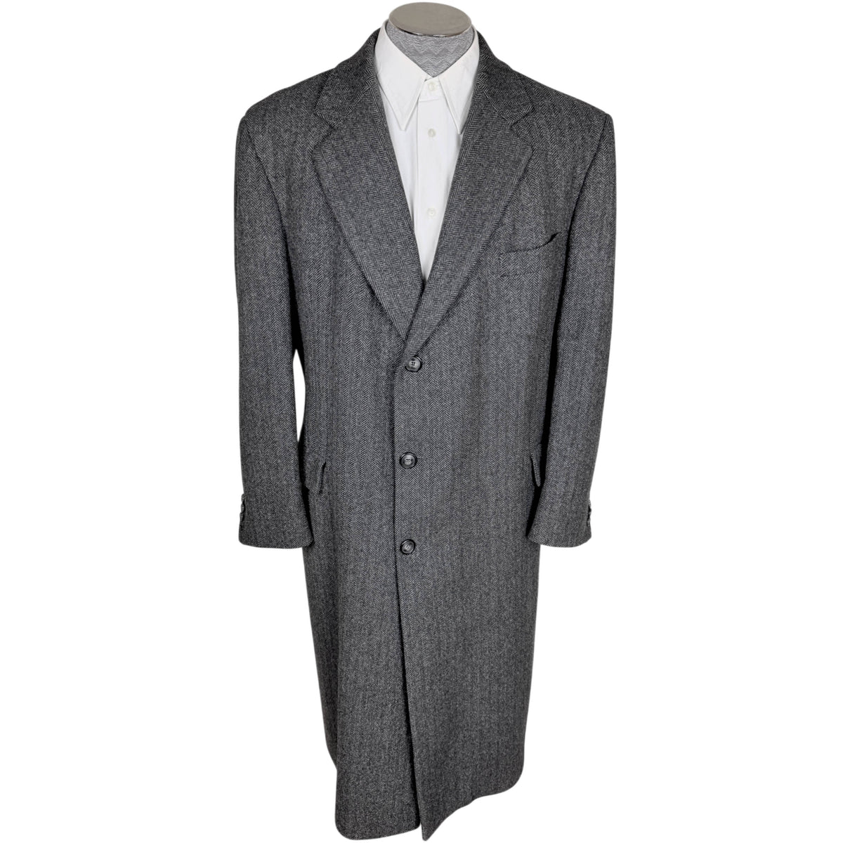 Vintage Cardinal men's charcoal grey Kynoch herringbone wool overcoat, size 44R, full front view