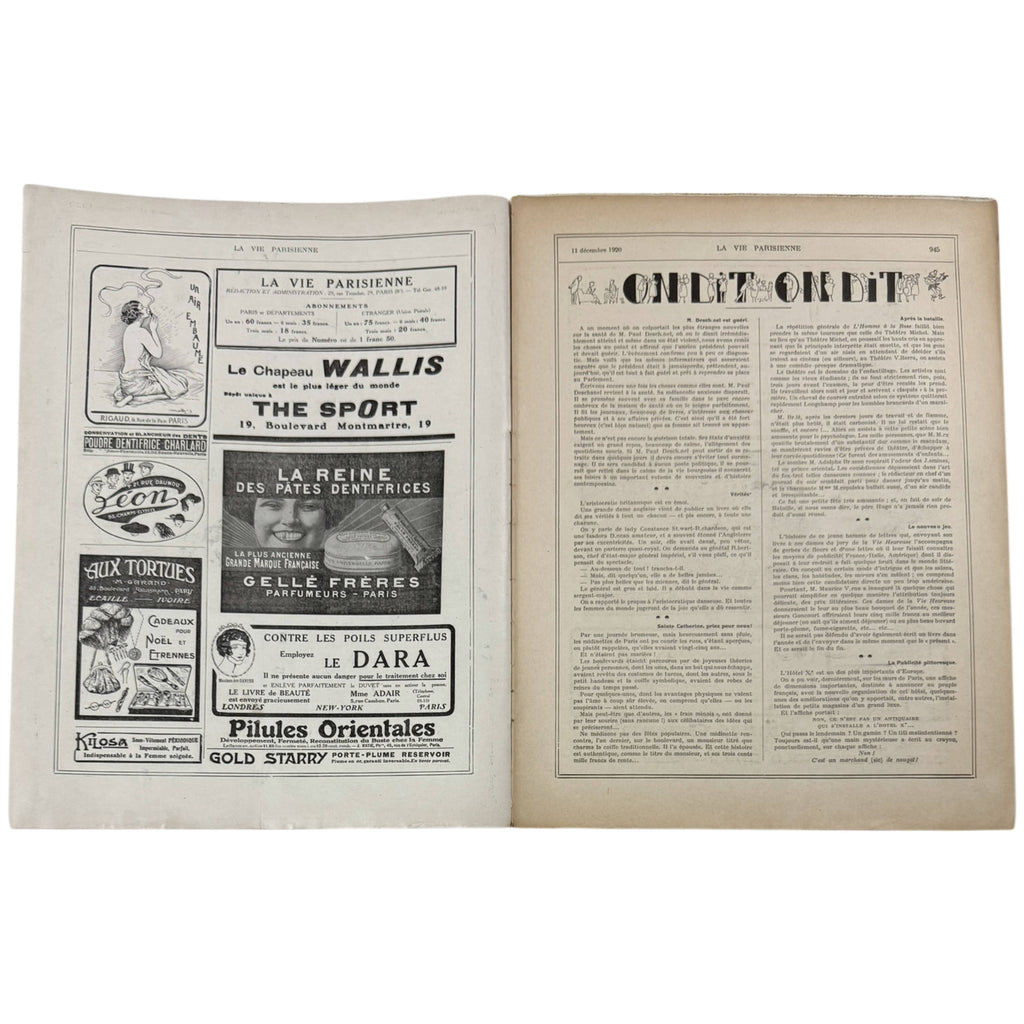 La Vie Parisienne Magazine 11 December 1920 Léo Fontan Christmas Cover & Maurice Millière Centre Spread