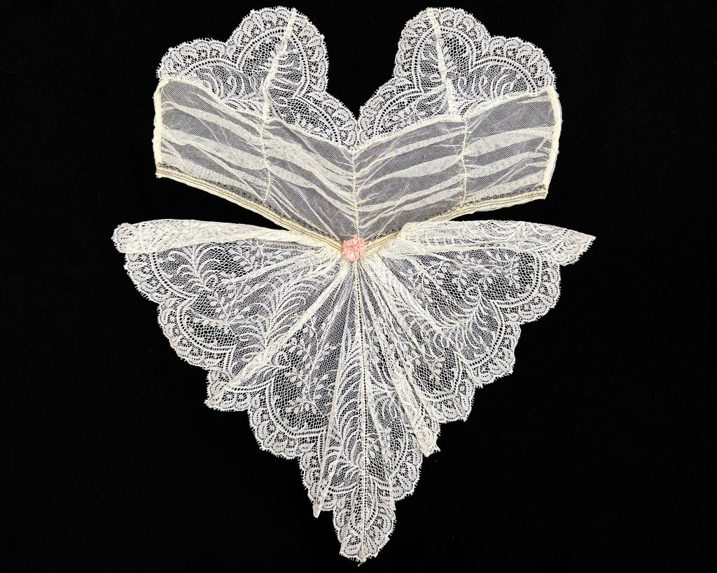 Edwardian Lace Jabot Machine Valenciennes Net Lace w Pink Rosette
