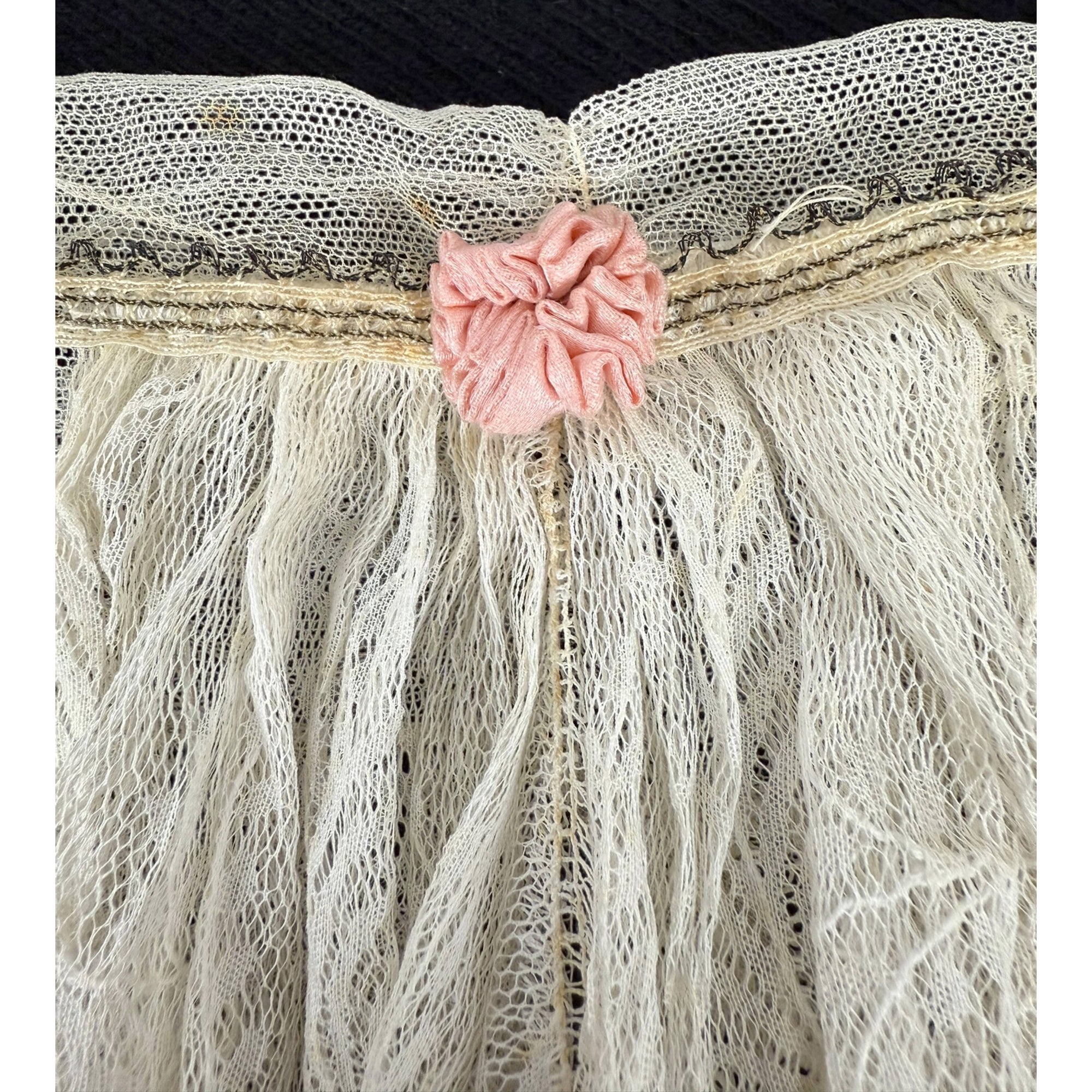 Edwardian Lace Jabot Machine Valenciennes Net Lace w Pink Rosette