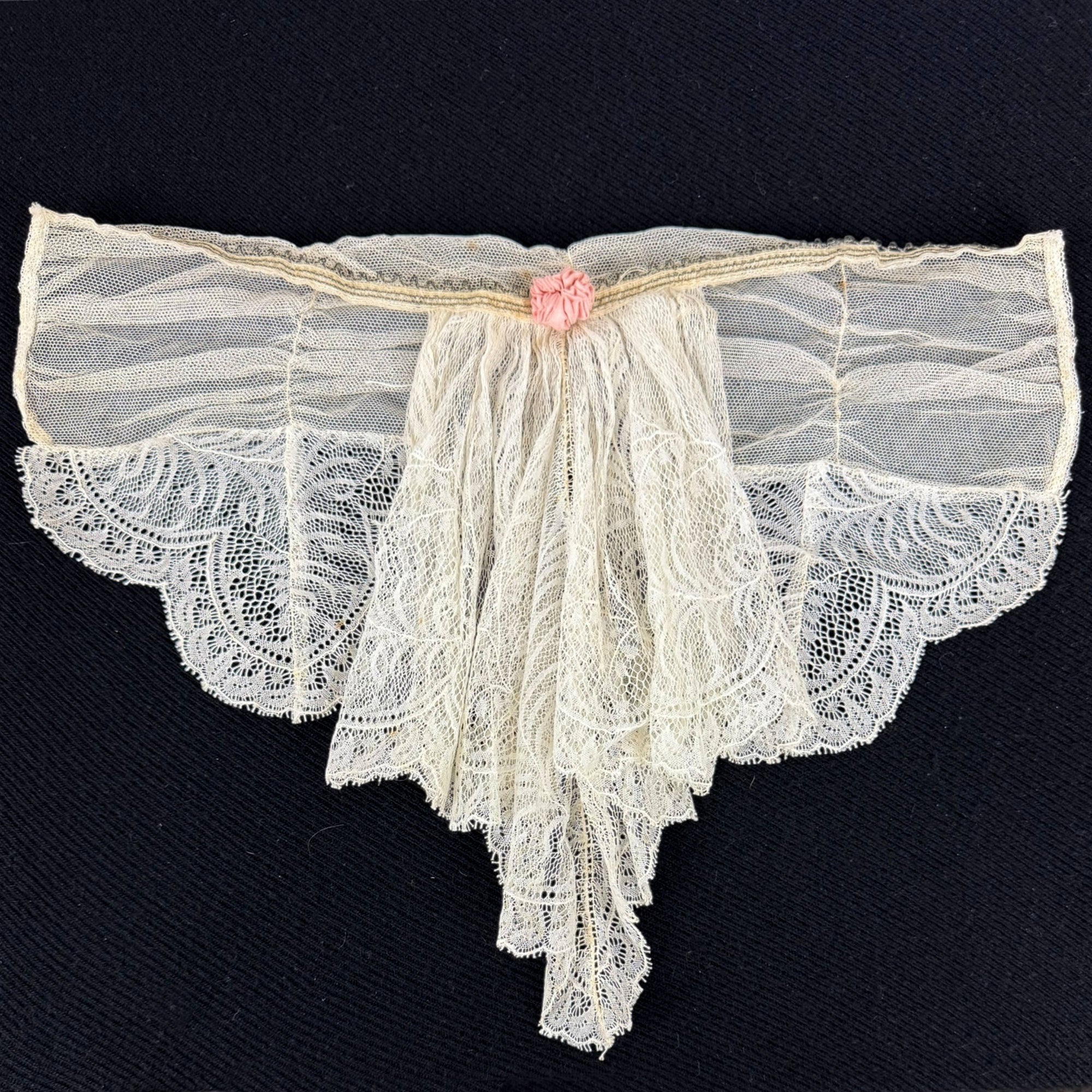 Edwardian Lace Jabot Machine Valenciennes Net Lace w Pink Rosette