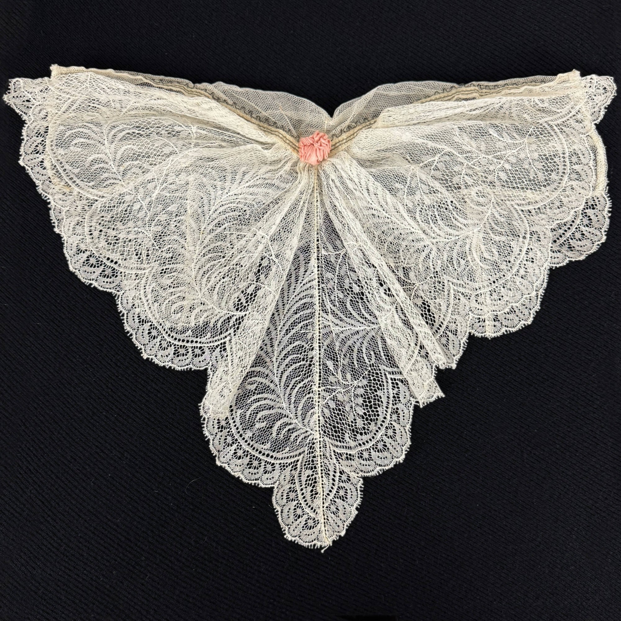 Edwardian Lace Jabot Machine Valenciennes Net Lace w Pink Rosette