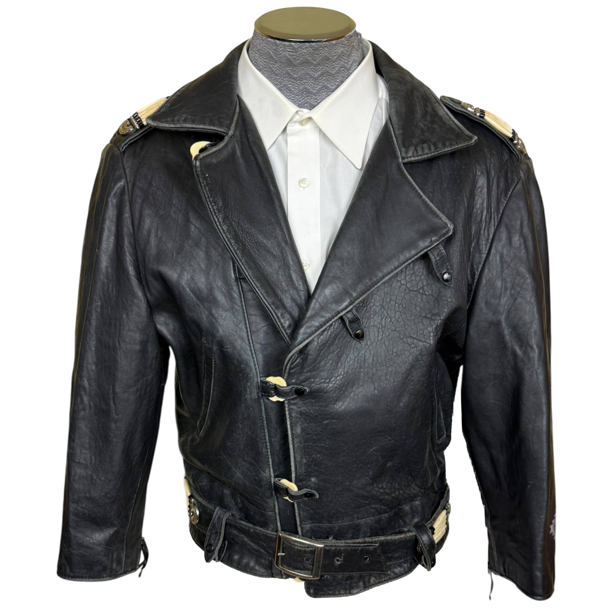 Open neck view of Vintage 1980s Leather Jacket Native American Inspired