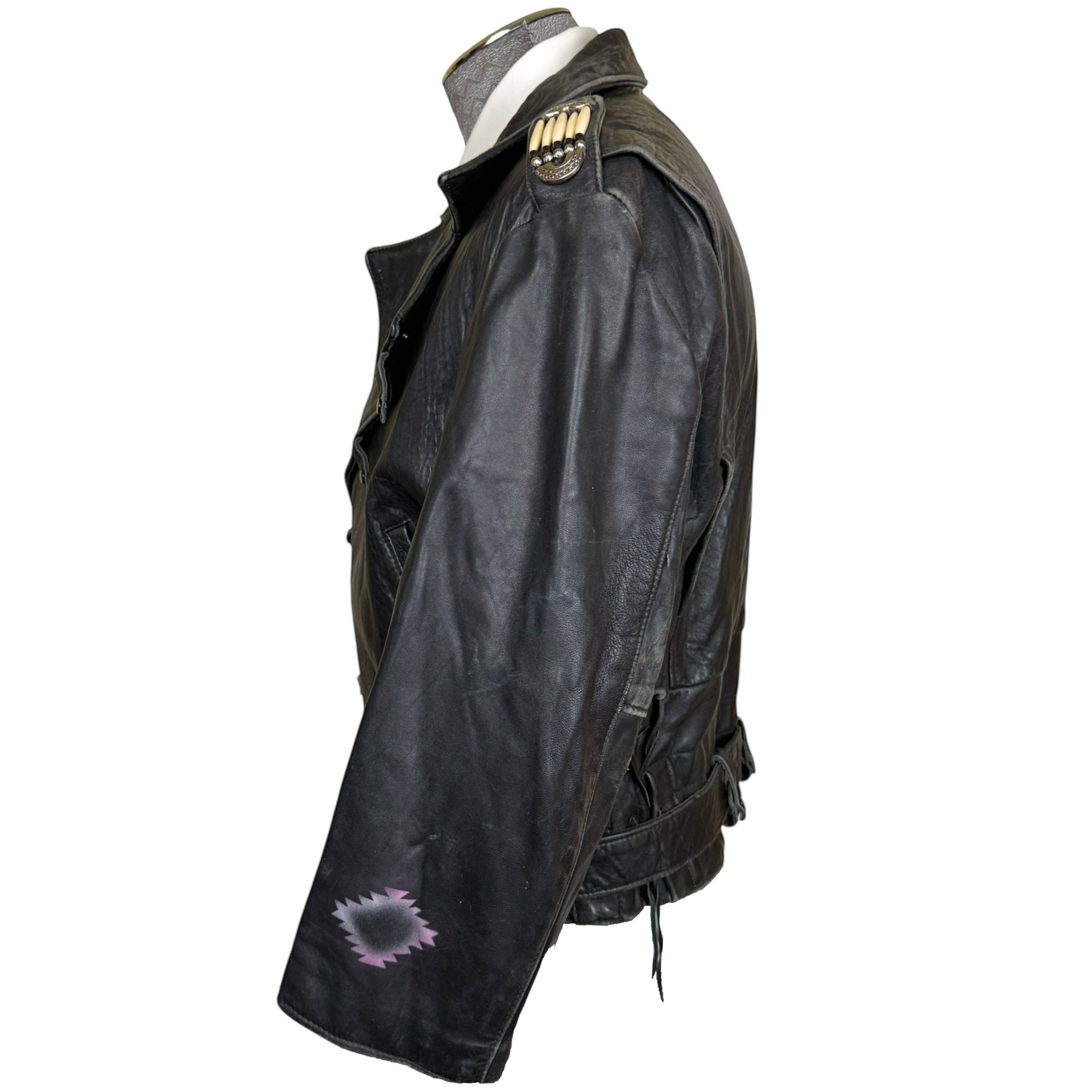 left side view of Vintage 1980s Native American Inspired Leather Jacket