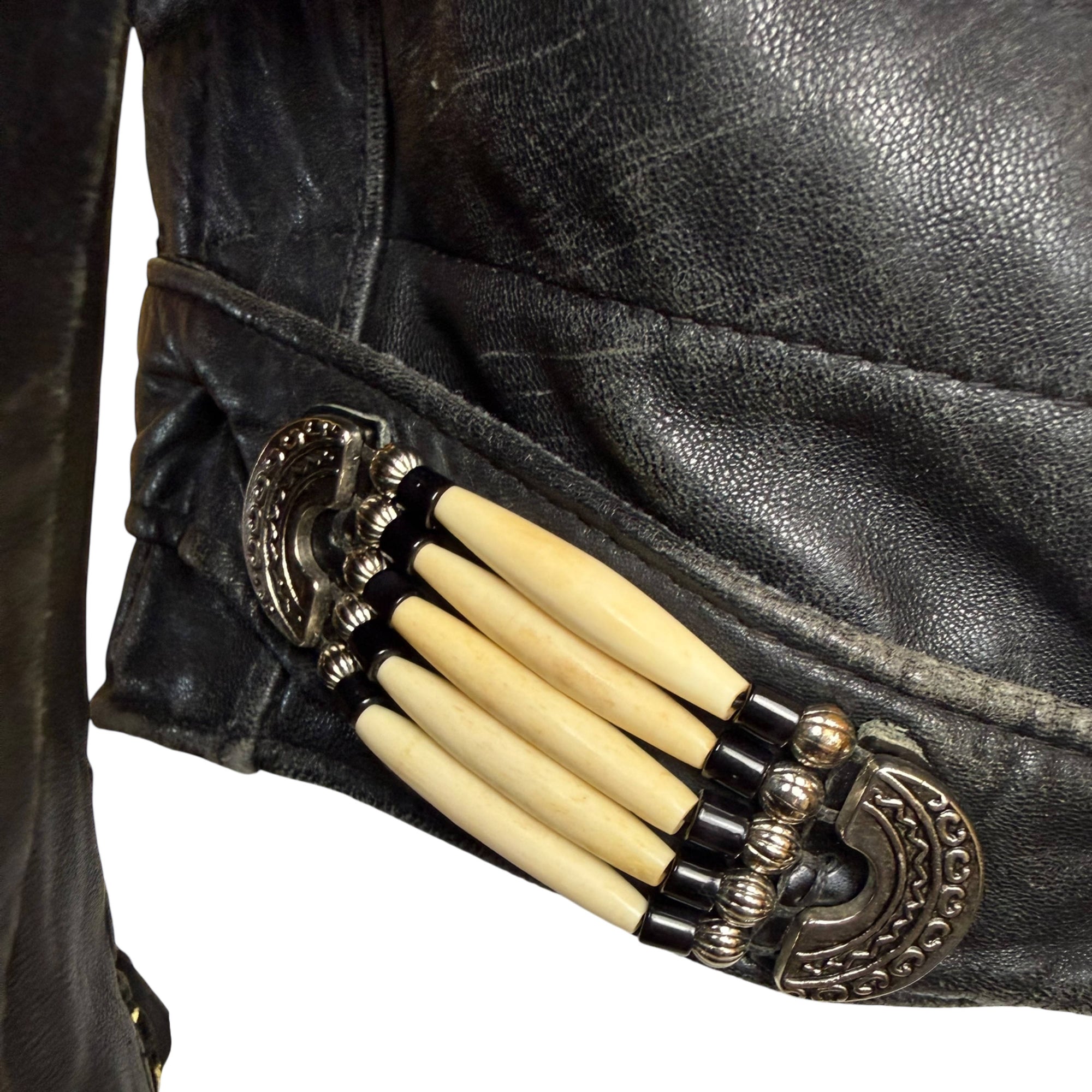 Hairpipe decoration on 1980s leather jacket