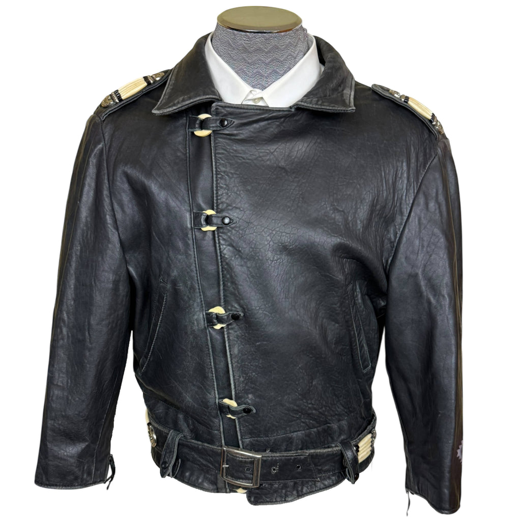 Vintage 1980s Leather Jacket Native American Inspired Western Style Belted Motorcycle Jacket Large