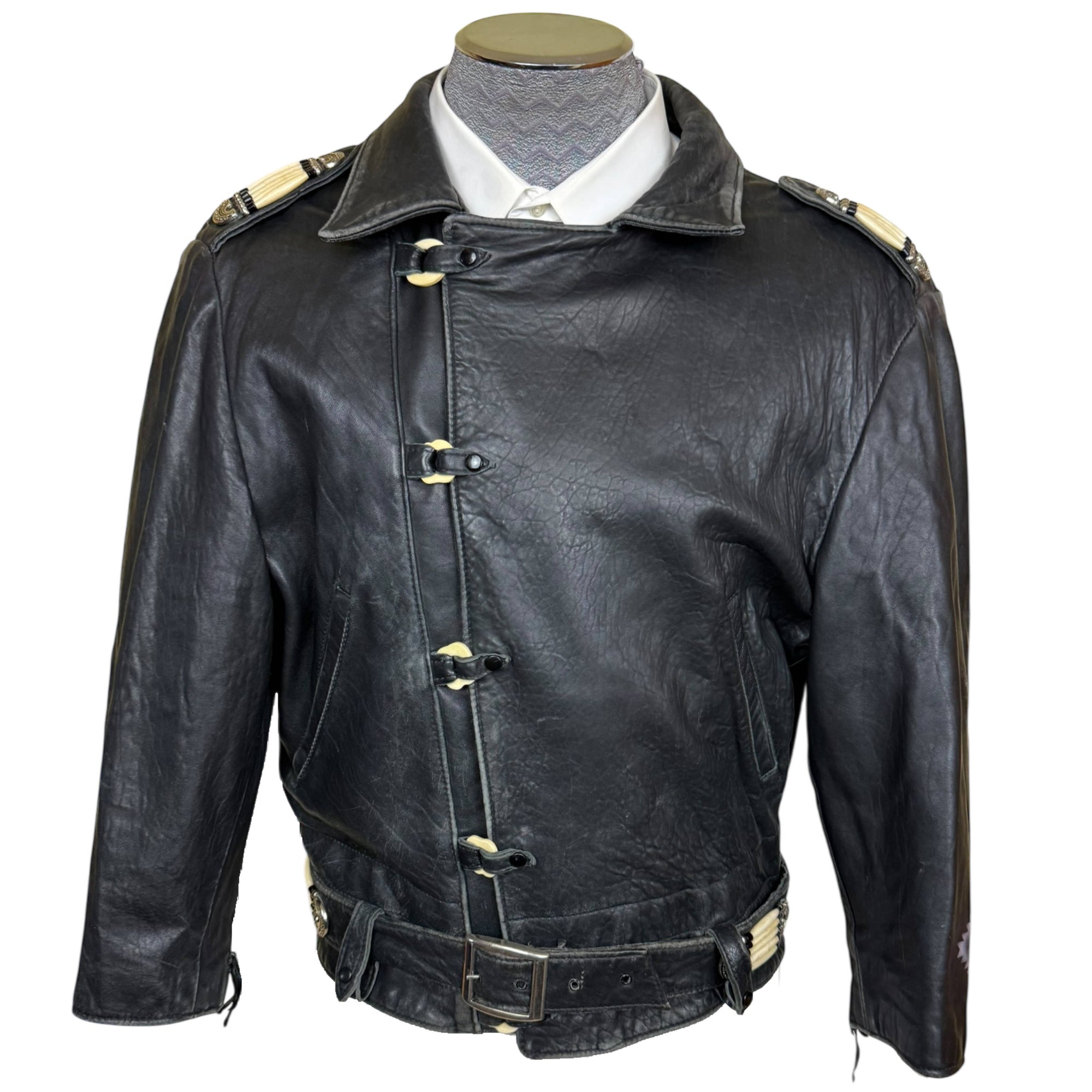 Vintage 1980s Leather Jacket Native American Inspired Western Style Belted Motorcycle Jacket Large