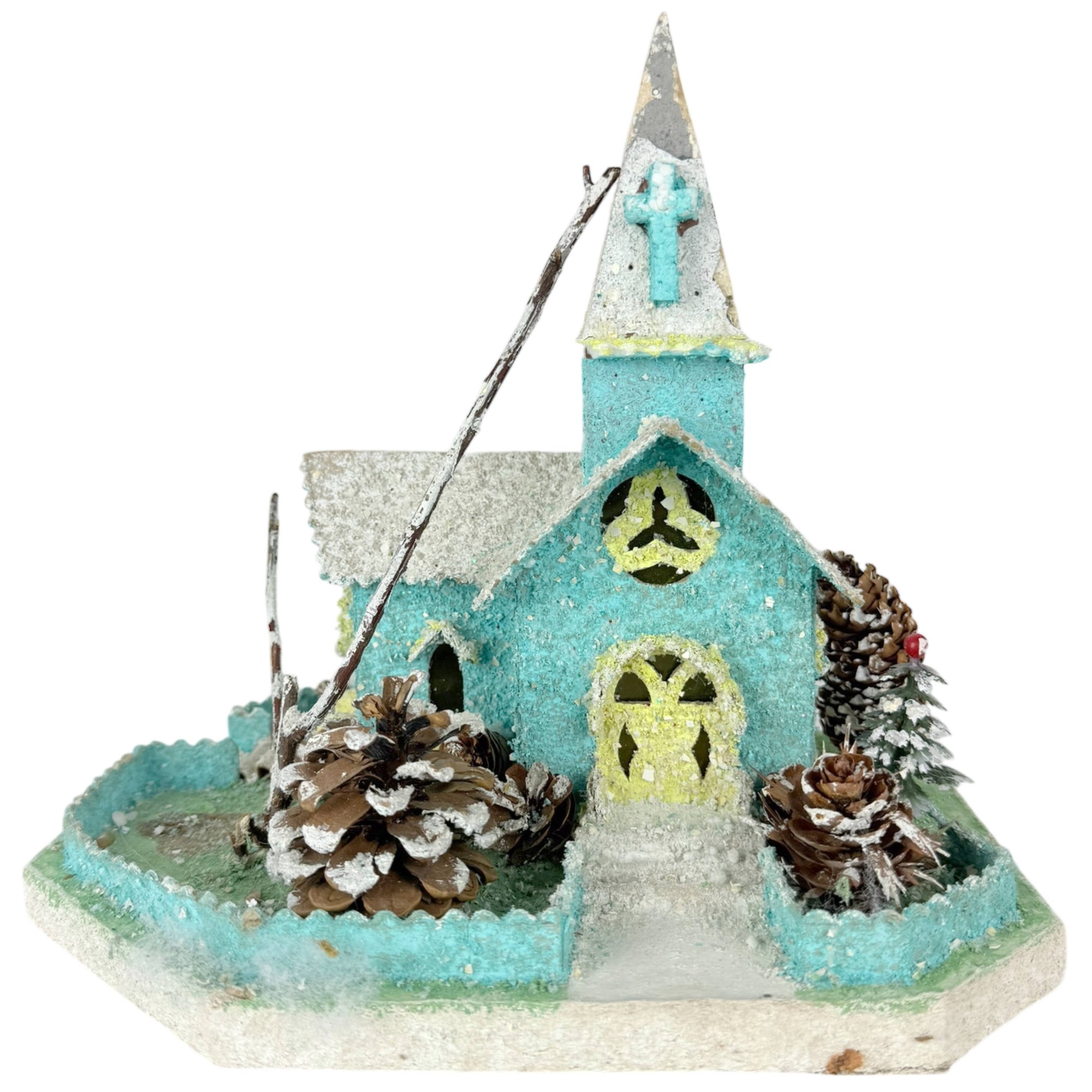 Large Vintage Christmas Putz Church 1940s 50s 9 1/2" Tall 10.5 Wide