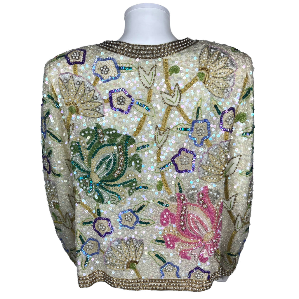 Vintage 1980s Beaded Jacket White Silk Laurence Kazar Size M