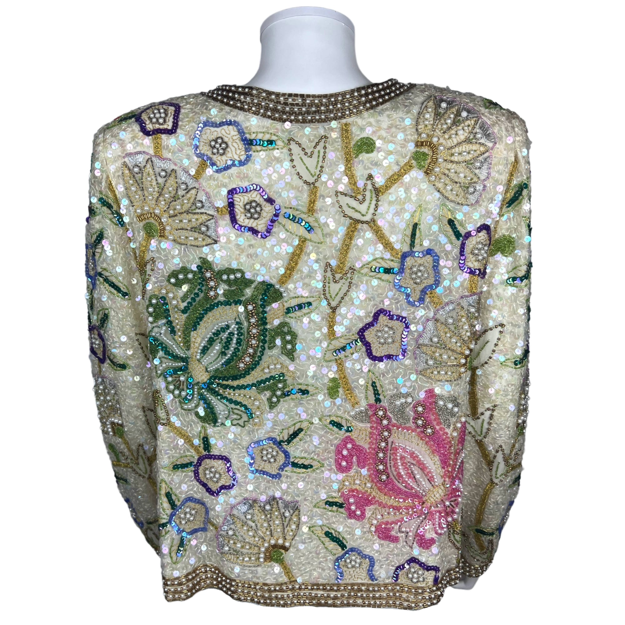 Vintage 1980s Beaded Jacket White Silk Laurence Kazar Size M
