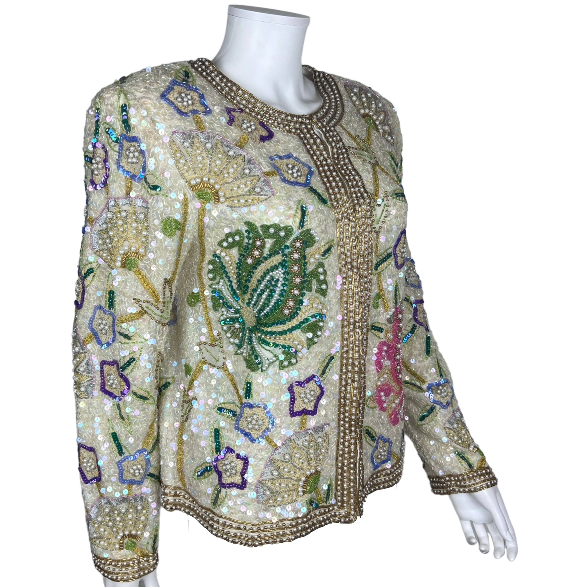 Vintage 1980s Beaded Jacket White Silk Laurence Kazar Size M