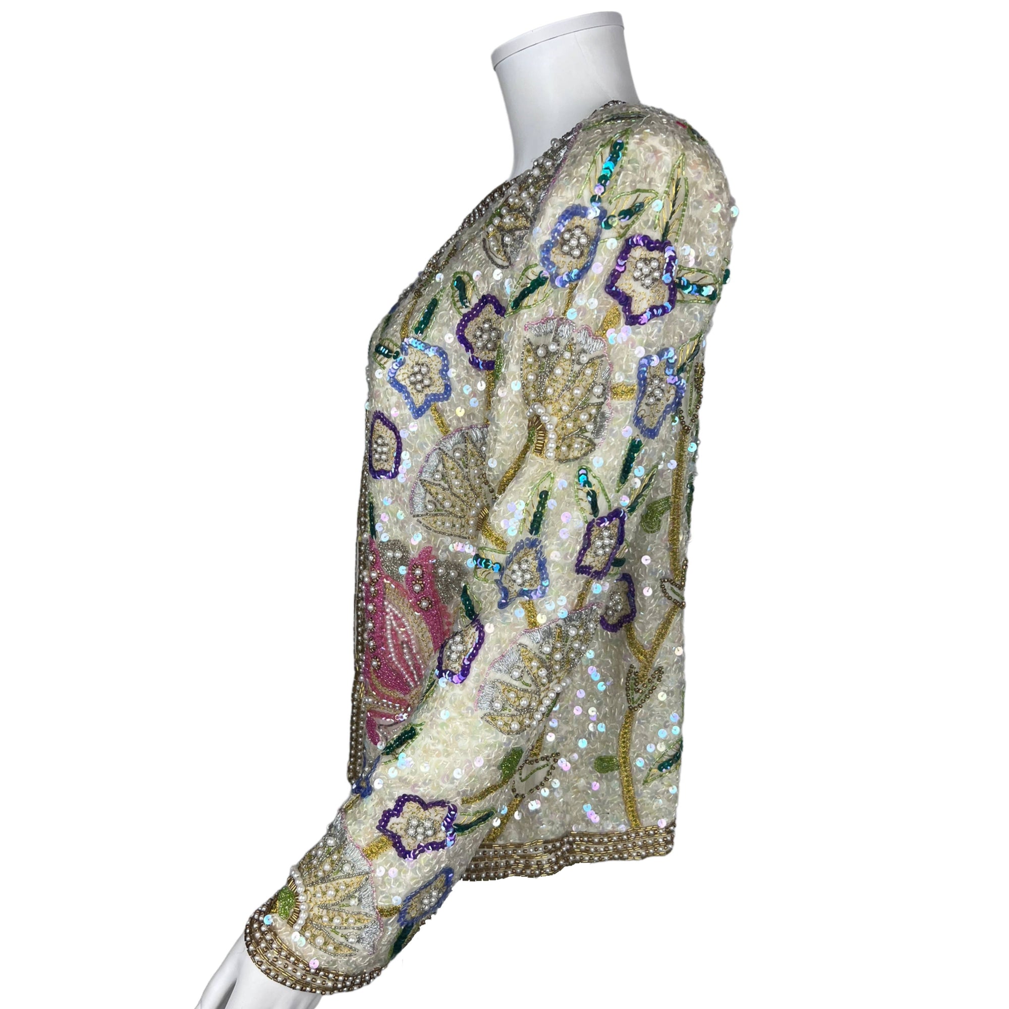 Vintage 1980s Beaded Jacket White Silk Laurence Kazar Size M