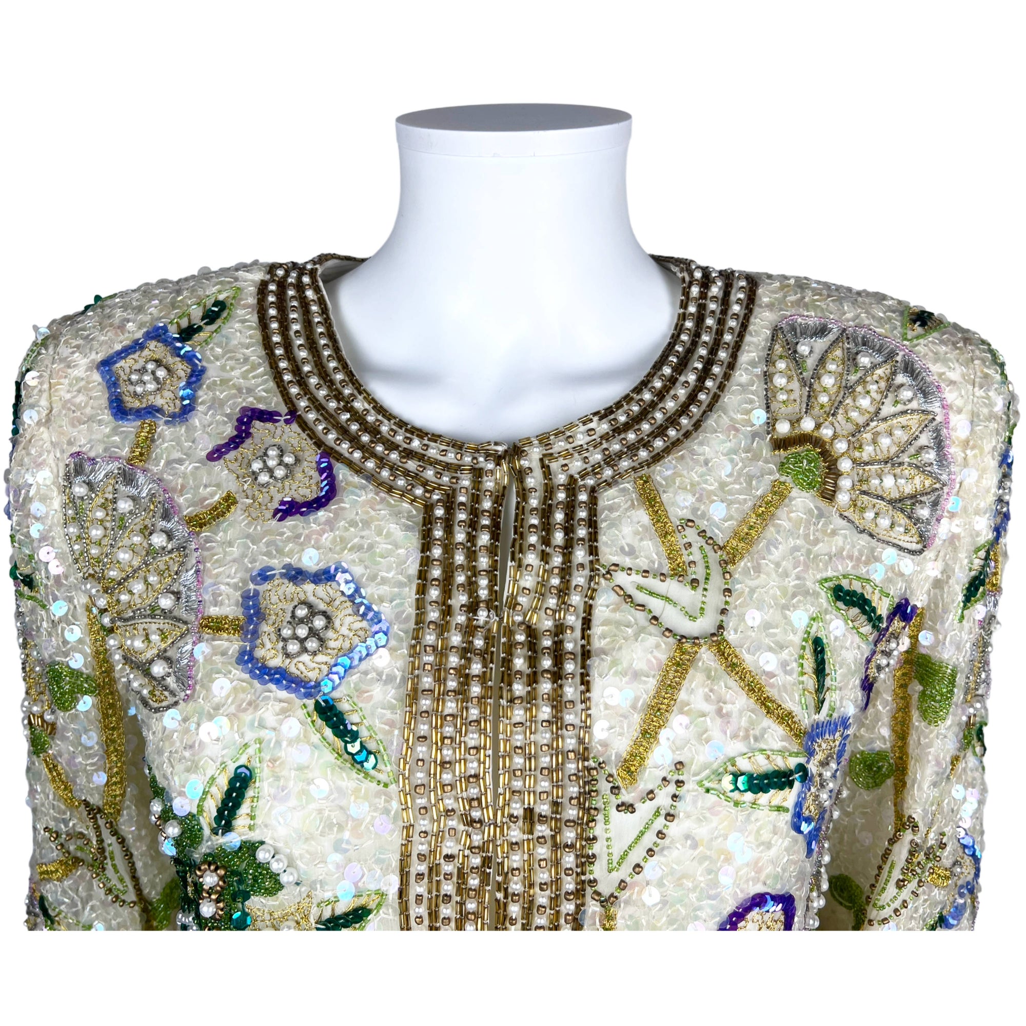 Vintage 1980s Beaded Jacket White Silk Laurence Kazar Size M