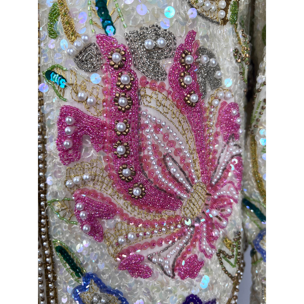 Vintage 1980s Beaded Jacket White Silk Laurence Kazar Size M