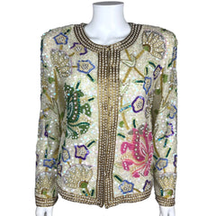 Vintage 1980s Beaded Jacket White Silk Laurence Kazar Size M