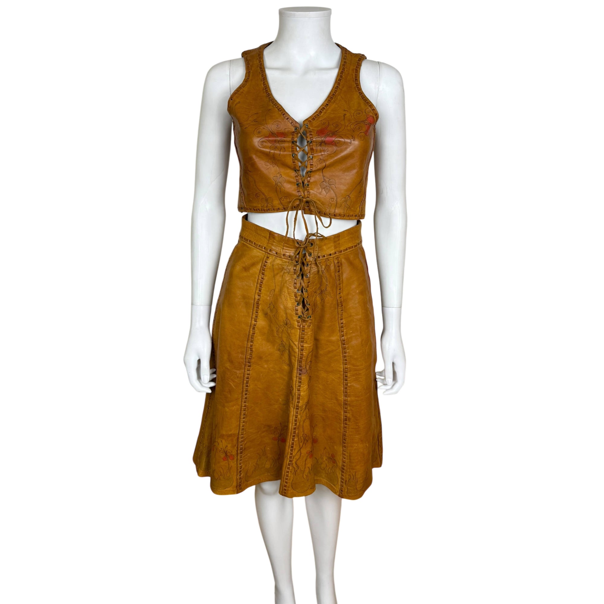 Vintage 1970s Artisan Leather 2 Piece Set / Boho Lace Up Leather Vest & Skirt Outfit Signed