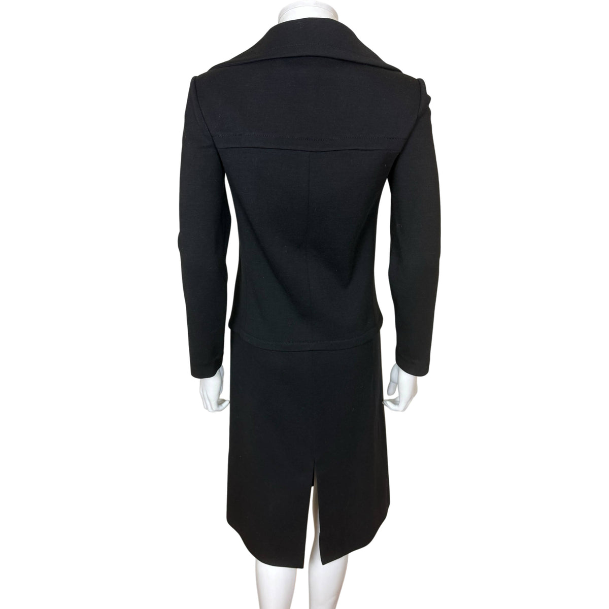 Vintage Pierre Cardin Space Age black wool dress, full back view with centre seam and rear skirt vent