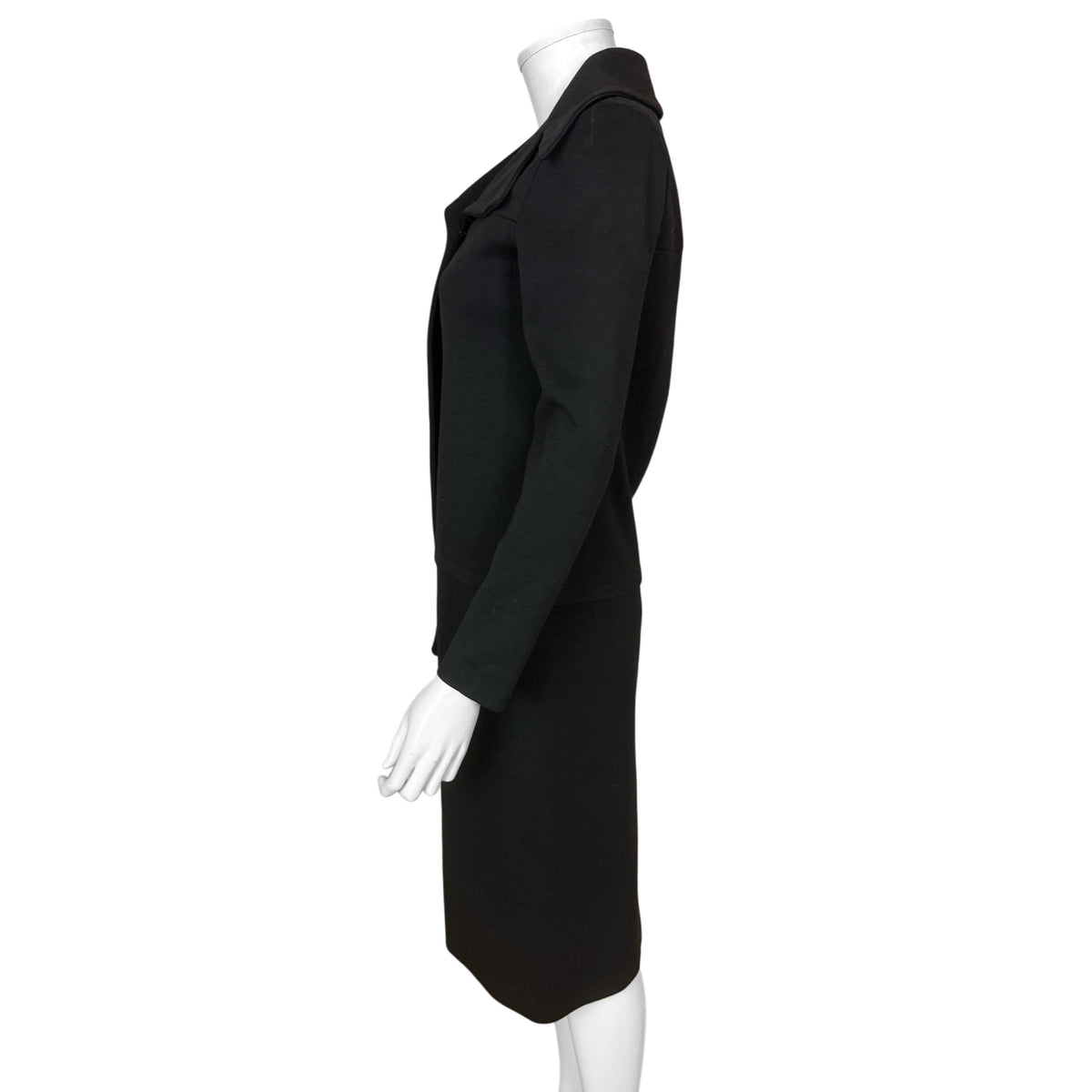 Les Jerseys de Pierre Cardin black wool jersey dress, side profile showing fitted long sleeves and straight skirt