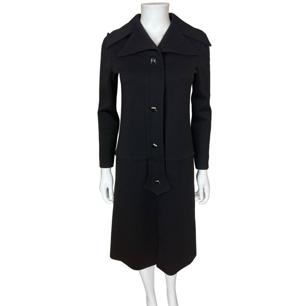 Vintage Les Jerseys de Pierre Cardin black wool jersey Space Age dress circa 1970, full front view