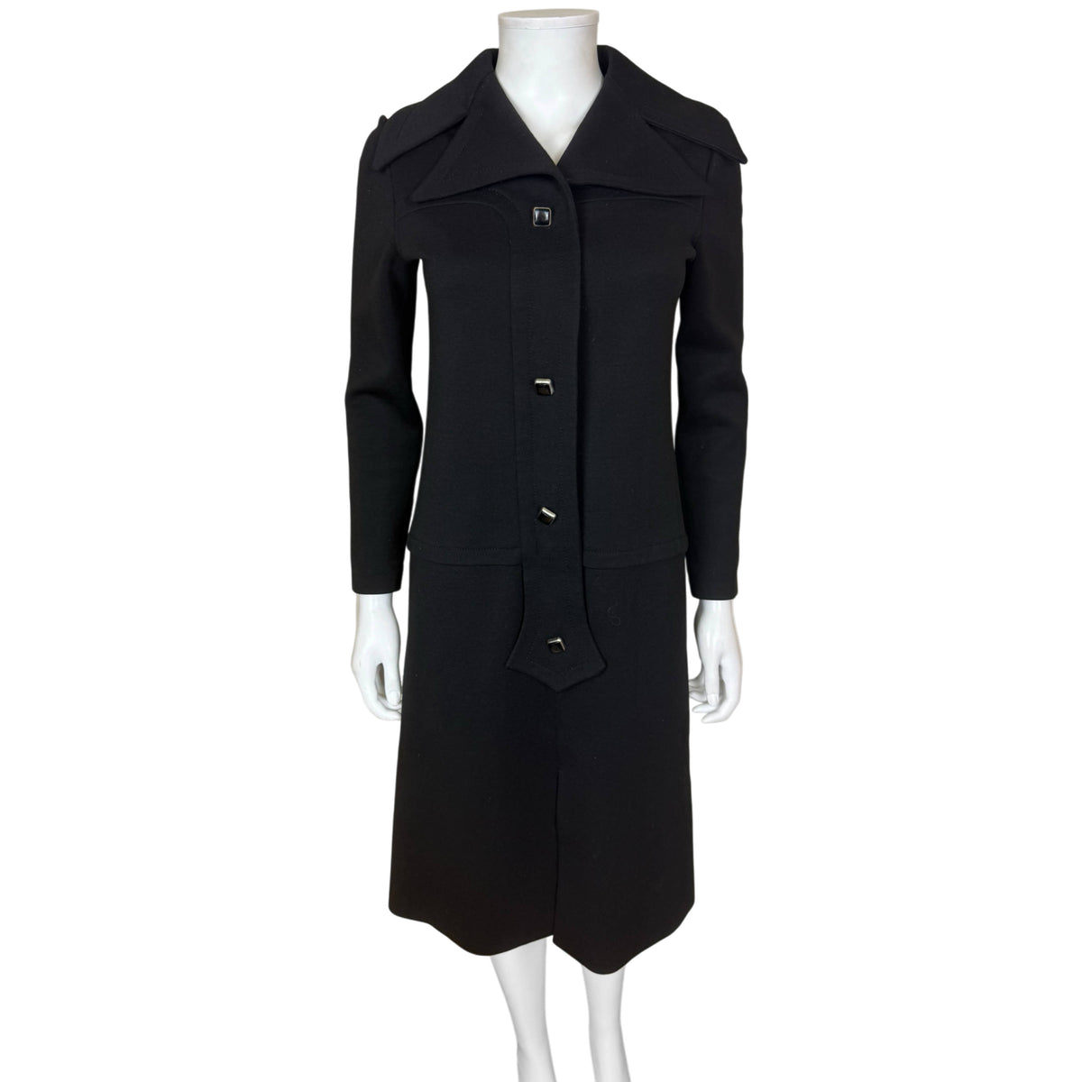 Vintage Les Jerseys de Pierre Cardin black wool jersey Space Age dress circa 1970, full front view