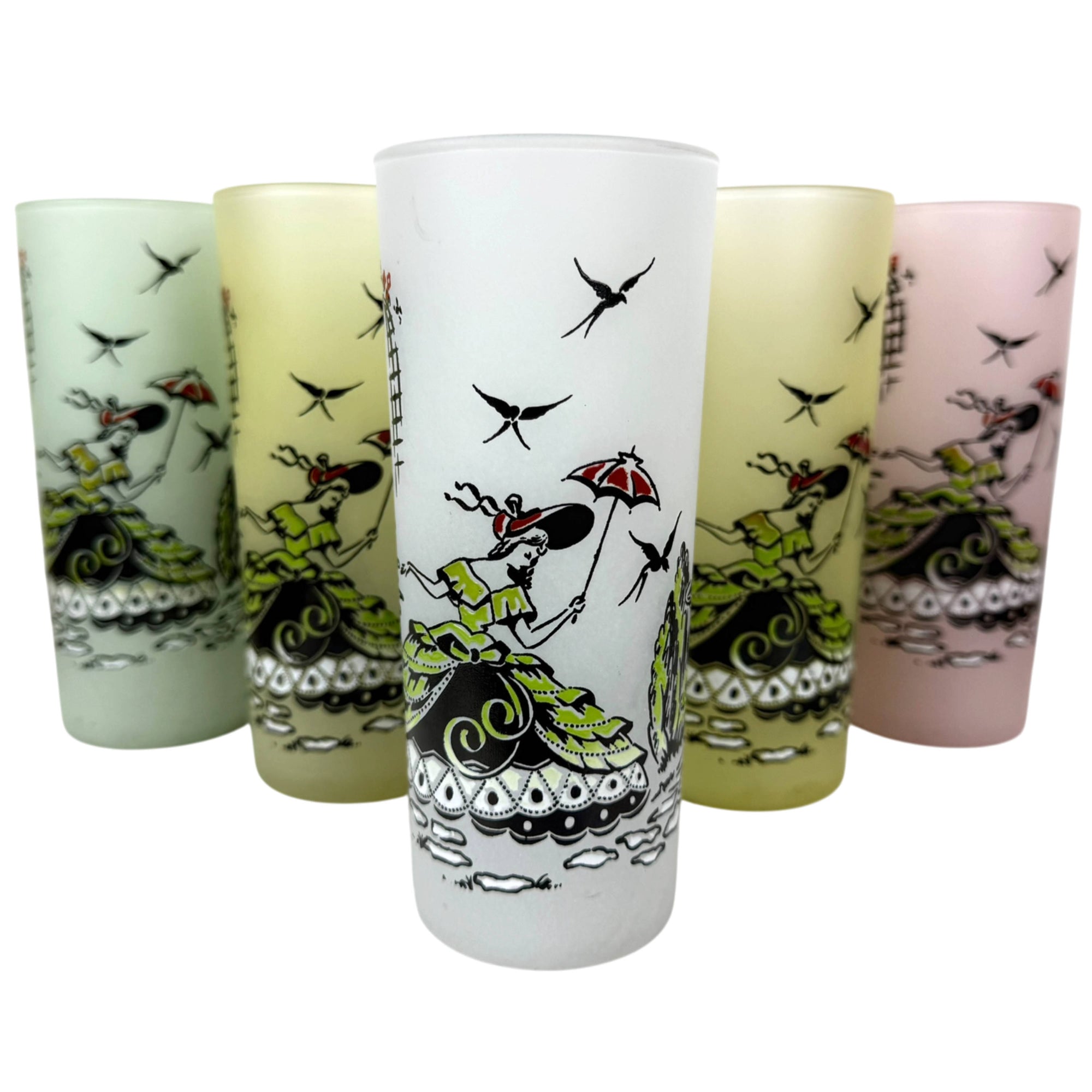 Vintage Libbey Southern Belle Frosted Glass Tumblers Set of 7 Pastel Iced Tea Glasses 16 oz