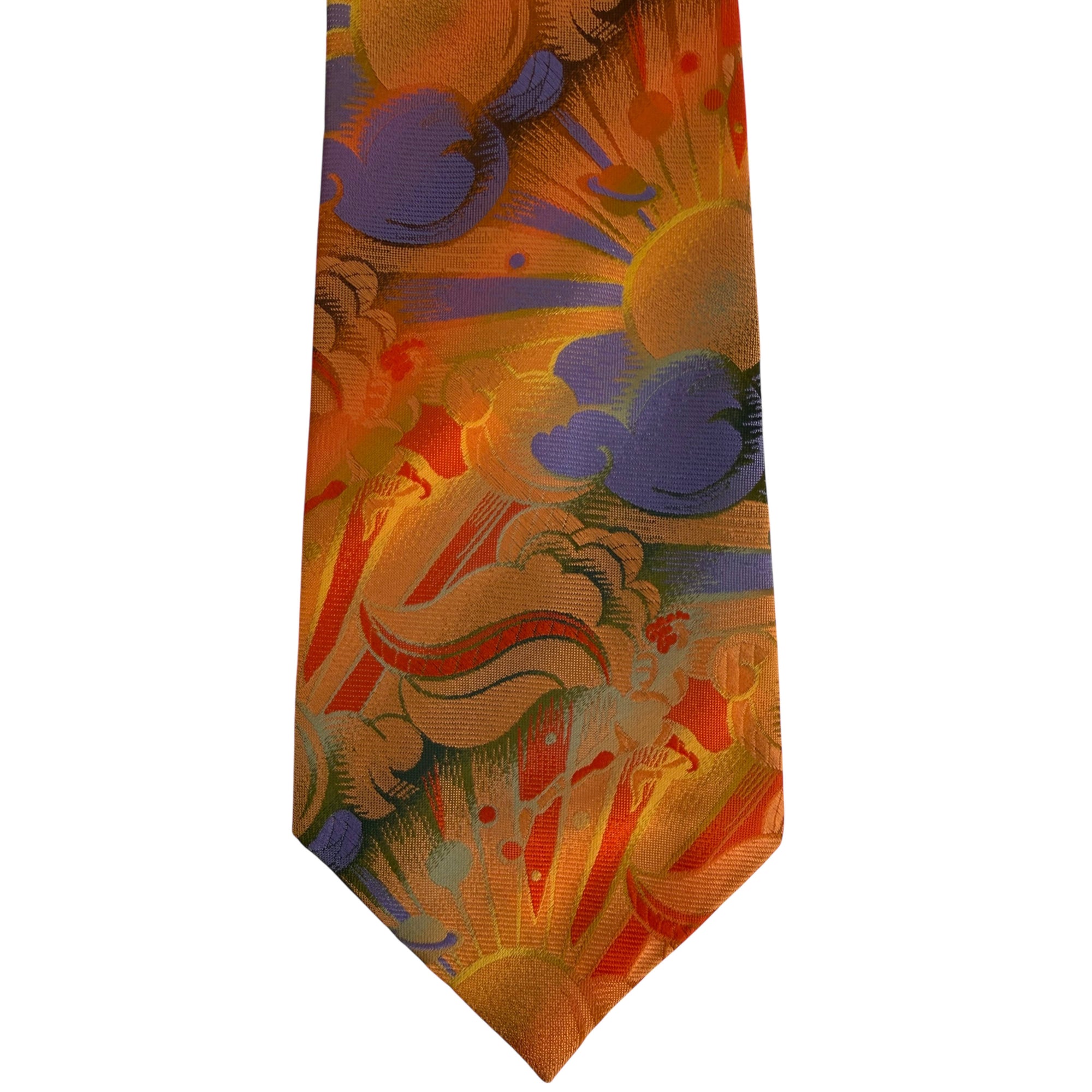 1970s tie with sun, cloud and planet motif woven into tie fabric