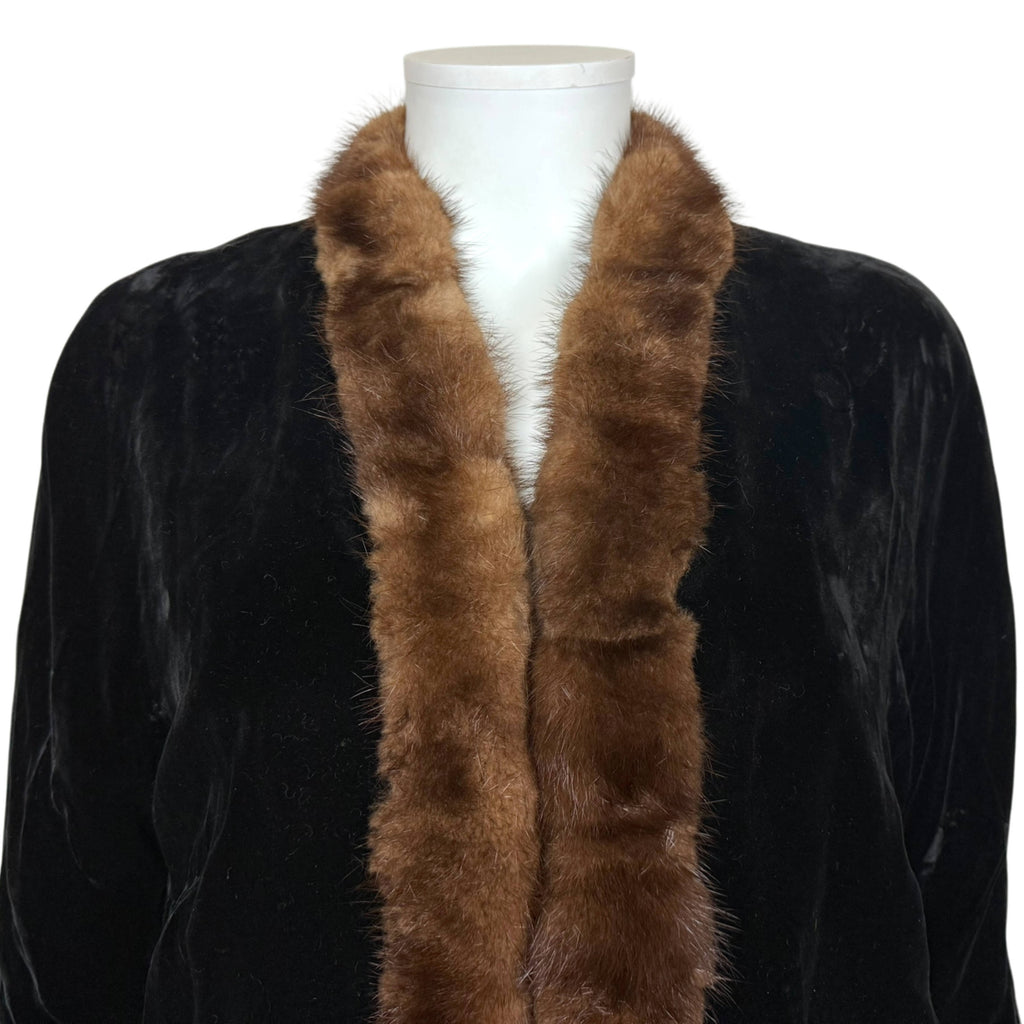 Vintage 1950s Black Velvet Evening Coat w Mink Fur Trim Sz M