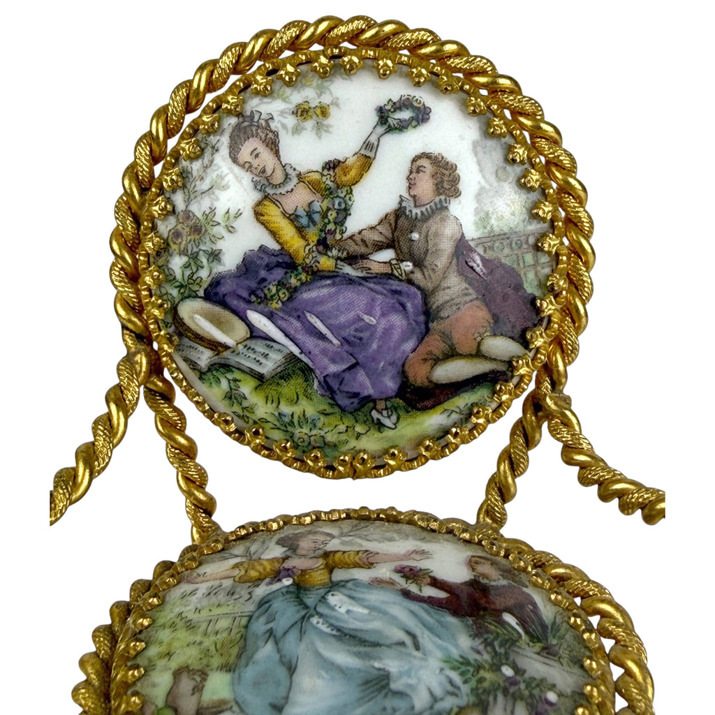 back of chair featuring limoges porcelain decorated with a fragonard courting couple