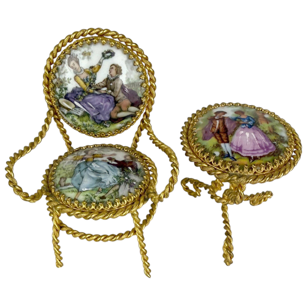 Vintage Limoges Porcelain Doll House Furniture Table &amp; Chair Fragonard Scenes