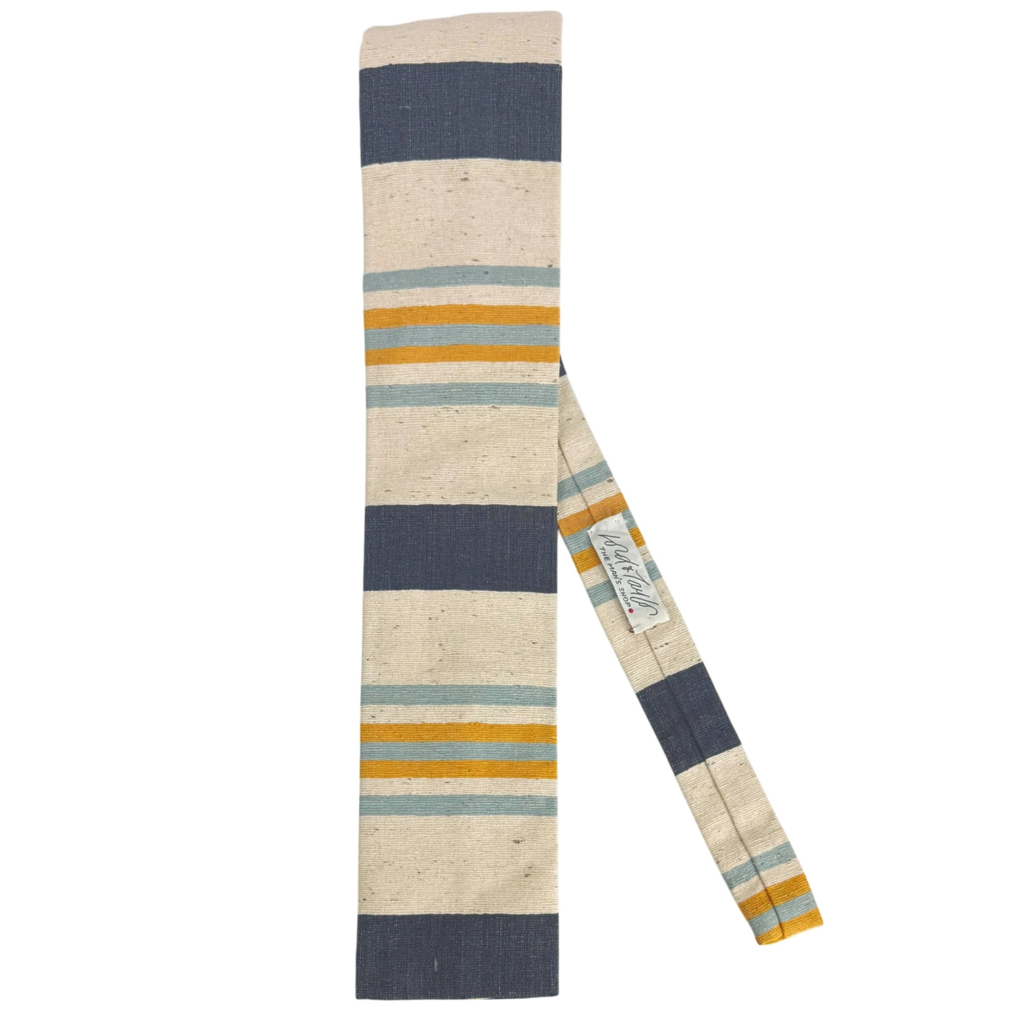 Vintage Rooster silk tie for Lord & Taylor with navy cream pale blue and goldenrod stripes