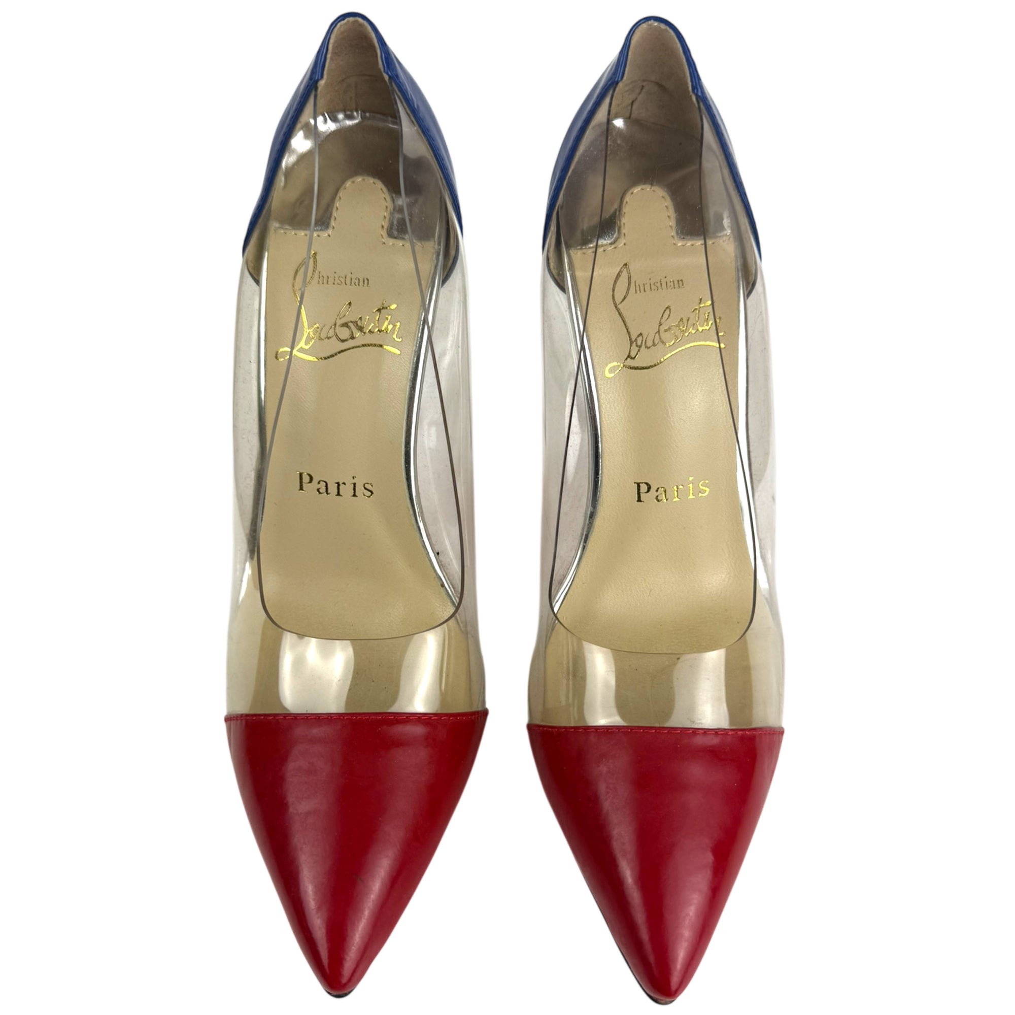 Christian Louboutin Debout 120 pumps with red patent toe and clear PVC sides