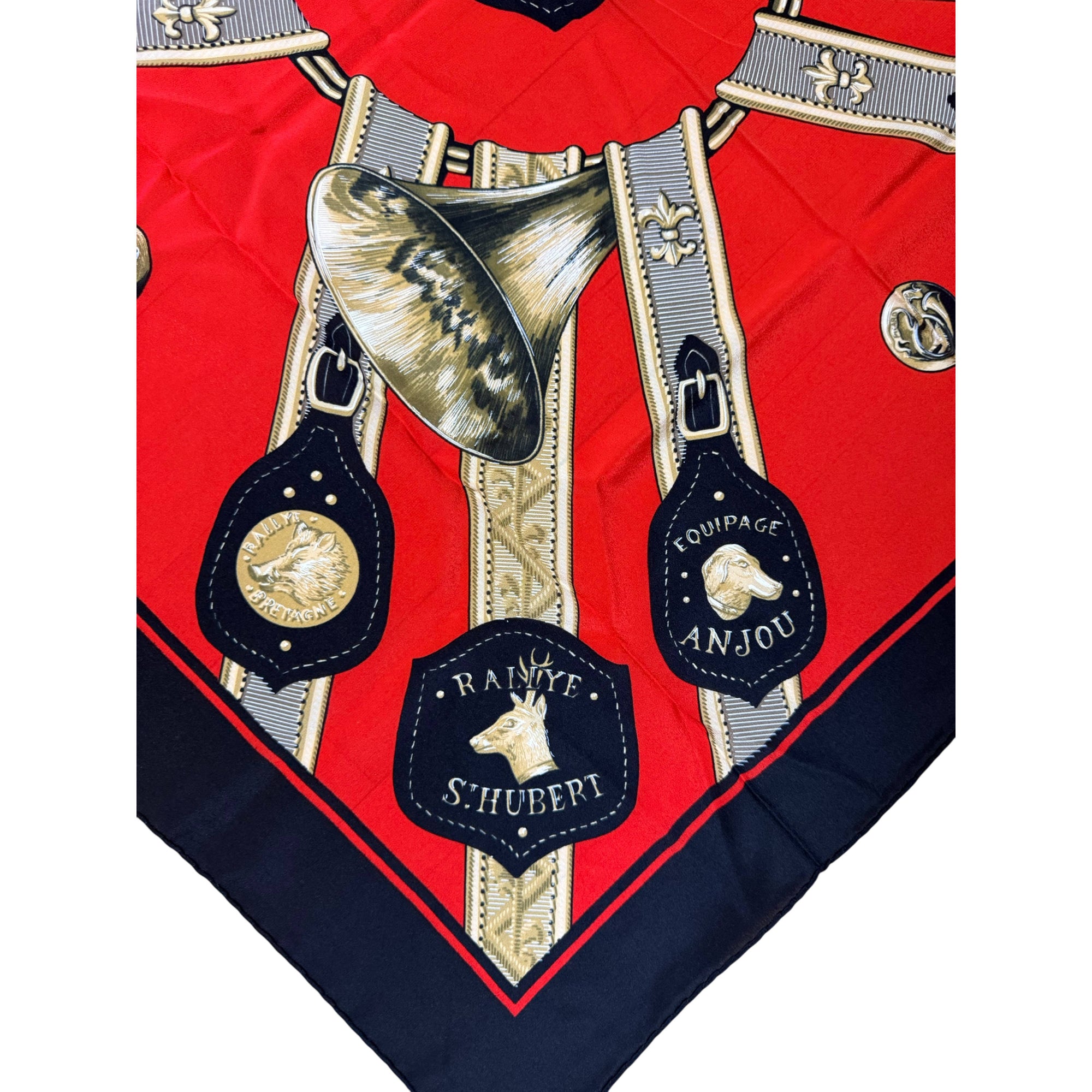Red navy and gold hunting themed silk scarf