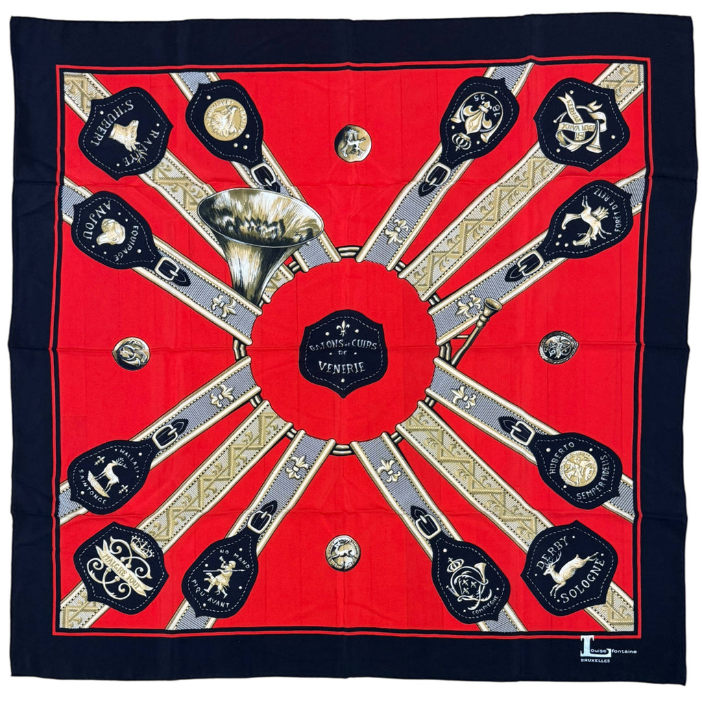 Vintage Louise Fontaine Bruxelles silk scarf with hunting motif