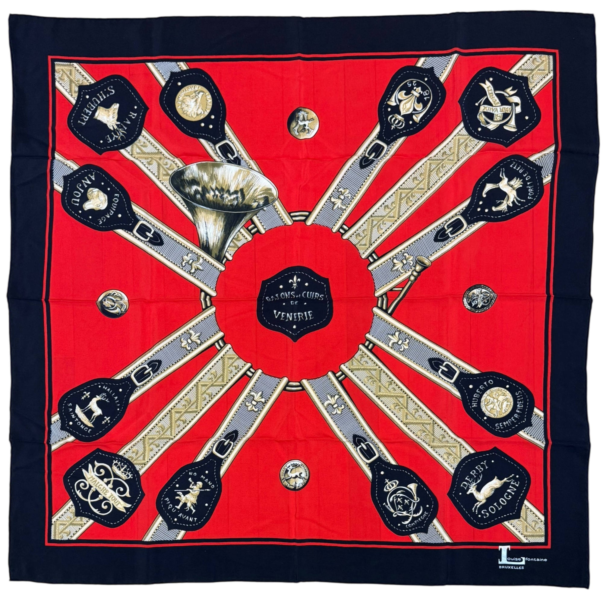 Vintage Louise Fontaine Bruxelles silk scarf with hunting motif