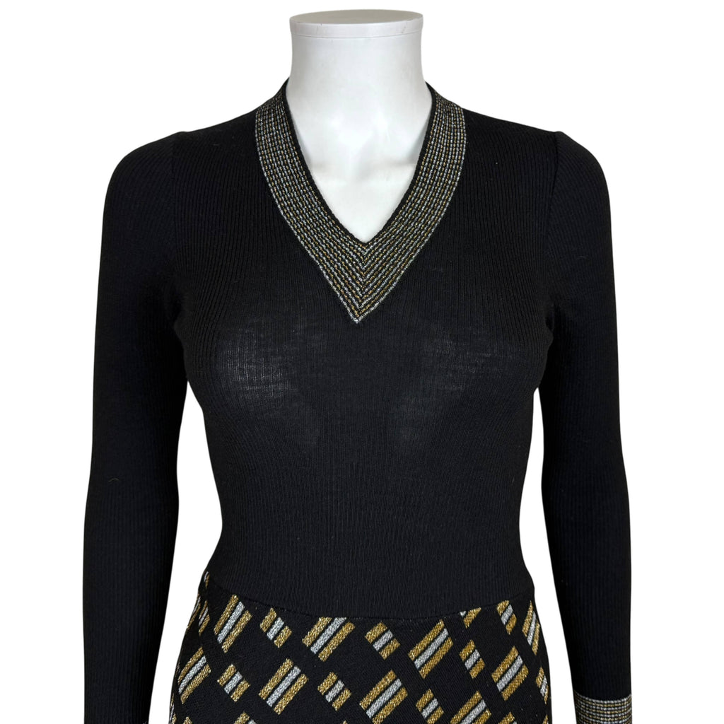 Italian wool knit dress metallic V-neck detail